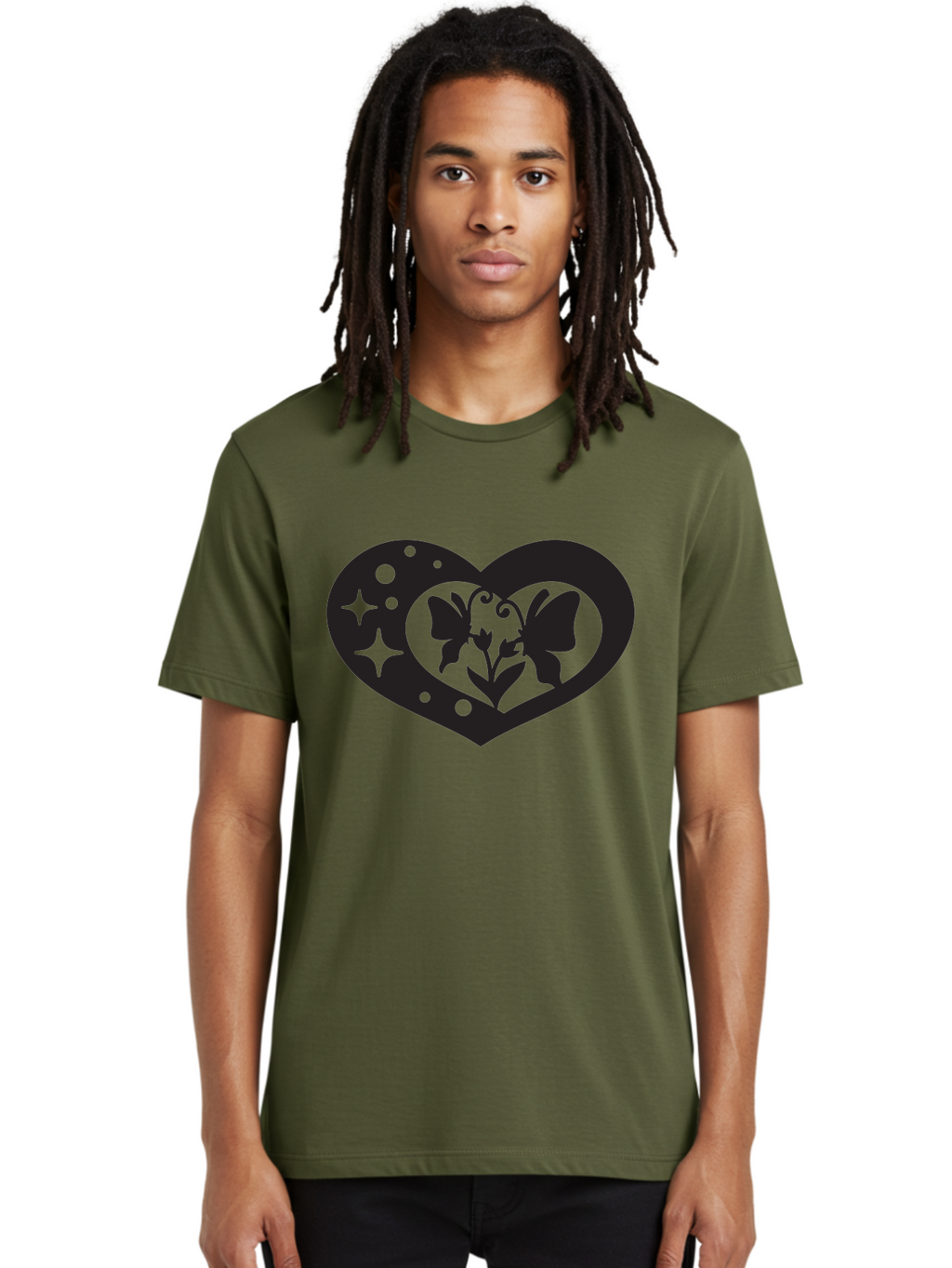 Butterfly-Heart Men'S Graphic Tee, 100% Cotton, Comfortable Casual Summer Wear, Machine Washable, Heart Shape, Butterfly Silhouette, Floral Design, Whimsical Graphics, Decorative Art, Symbolic Heart, Nature-Inspired, Mystical Charm, Aab259