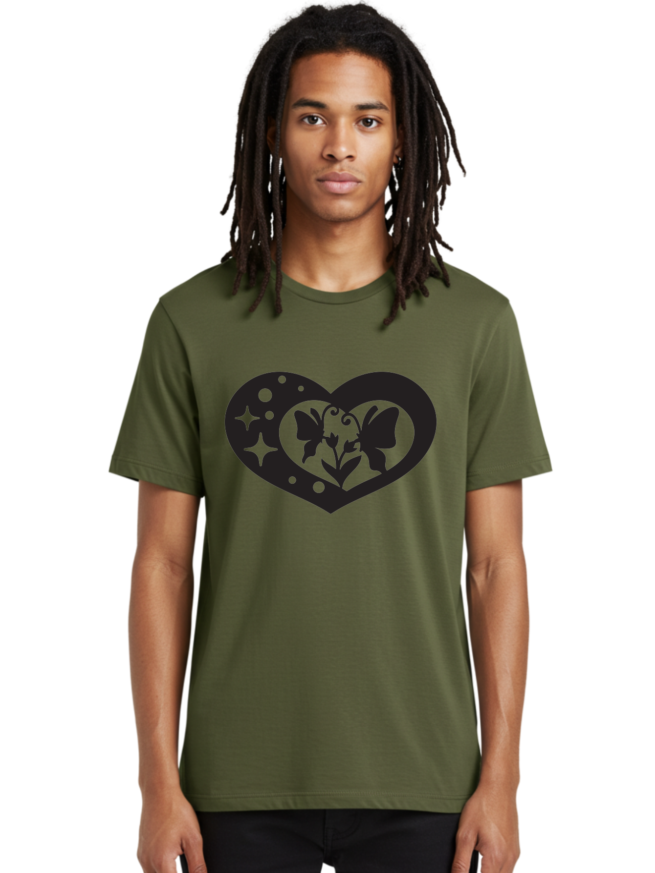 Butterfly-Heart Men'S Graphic Tee, 100% Cotton, Comfortable Casual Summer Wear, Machine Washable, Heart Shape, Butterfly Silhouette, Floral Design, Whimsical Graphics, Decorative Art, Symbolic Heart, Nature-Inspired, Mystical Charm, Aab259