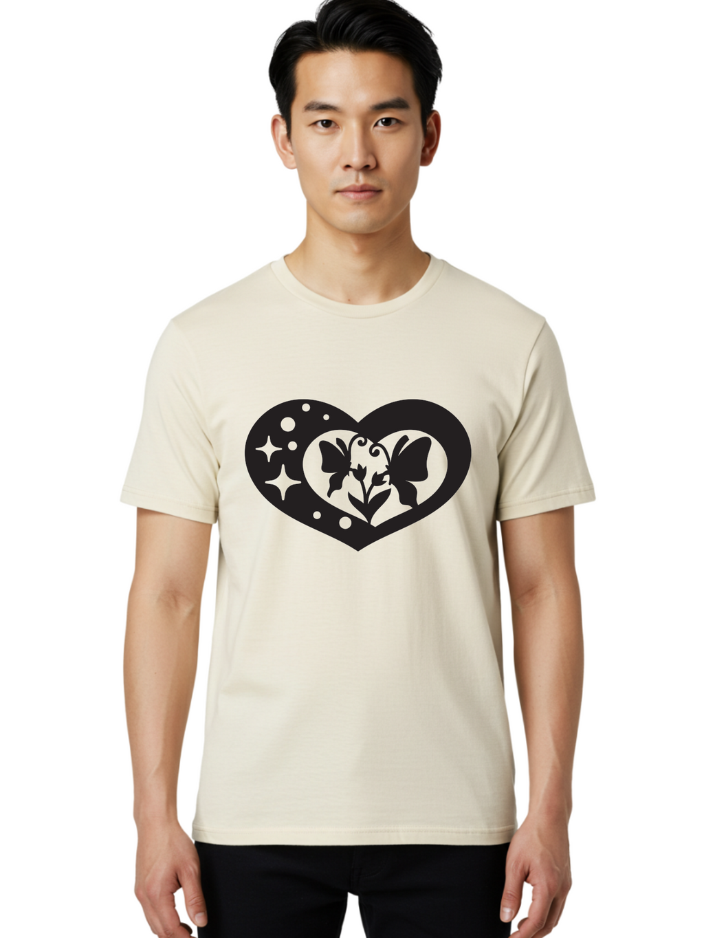 Butterfly-Heart Men'S Graphic Tee, 100% Cotton, Comfortable Casual Summer Wear, Machine Washable, Heart Shape, Butterfly Silhouette, Floral Design, Whimsical Graphics, Decorative Art, Symbolic Heart, Nature-Inspired, Mystical Charm, Aab259