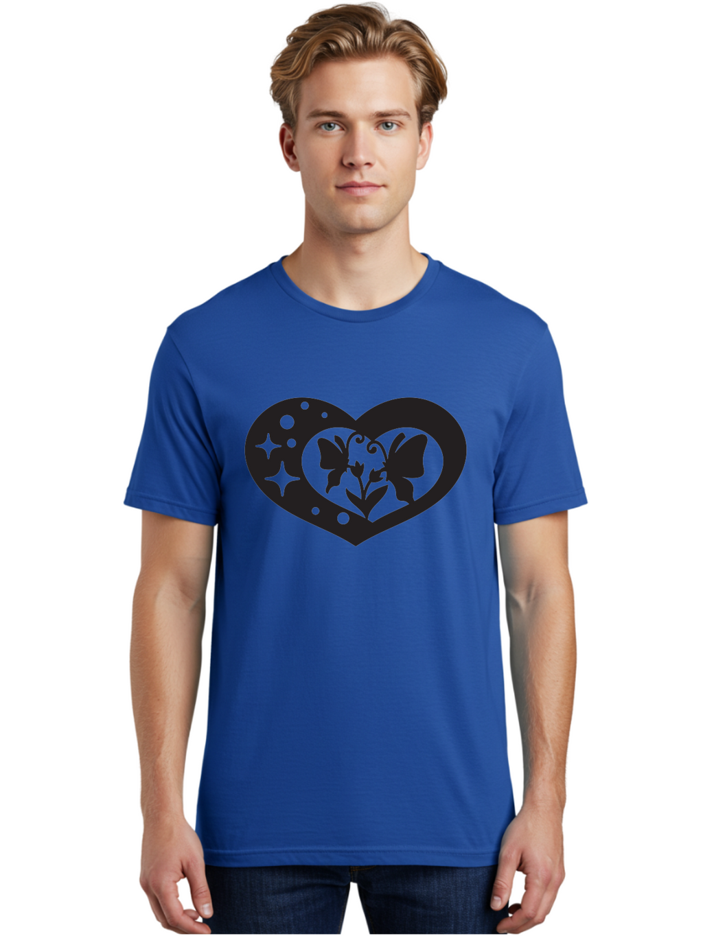 Butterfly-Heart Men'S Graphic Tee, 100% Cotton, Comfortable Casual Summer Wear, Machine Washable, Heart Shape, Butterfly Silhouette, Floral Design, Whimsical Graphics, Decorative Art, Symbolic Heart, Nature-Inspired, Mystical Charm, Aab259