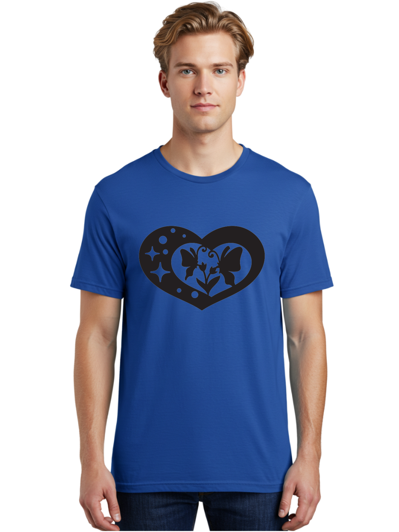Butterfly-Heart Men'S Graphic Tee, 100% Cotton, Comfortable Casual Summer Wear, Machine Washable, Heart Shape, Butterfly Silhouette, Floral Design, Whimsical Graphics, Decorative Art, Symbolic Heart, Nature-Inspired, Mystical Charm, Aab259
