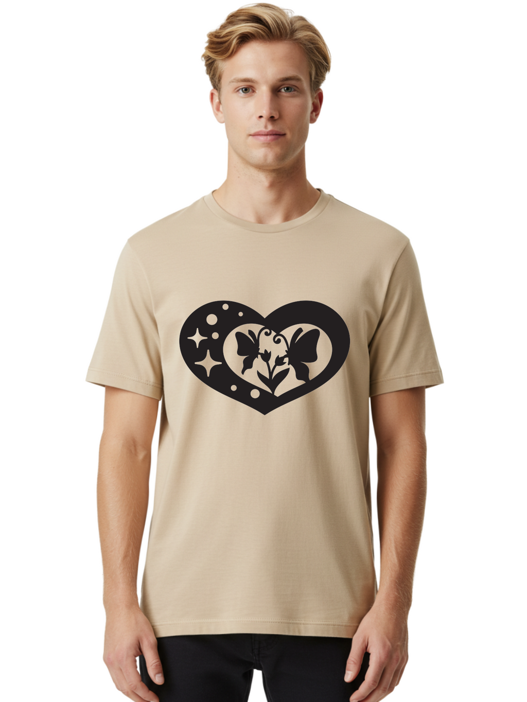 Butterfly-Heart Men'S Graphic Tee, 100% Cotton, Comfortable Casual Summer Wear, Machine Washable, Heart Shape, Butterfly Silhouette, Floral Design, Whimsical Graphics, Decorative Art, Symbolic Heart, Nature-Inspired, Mystical Charm, Aab259
