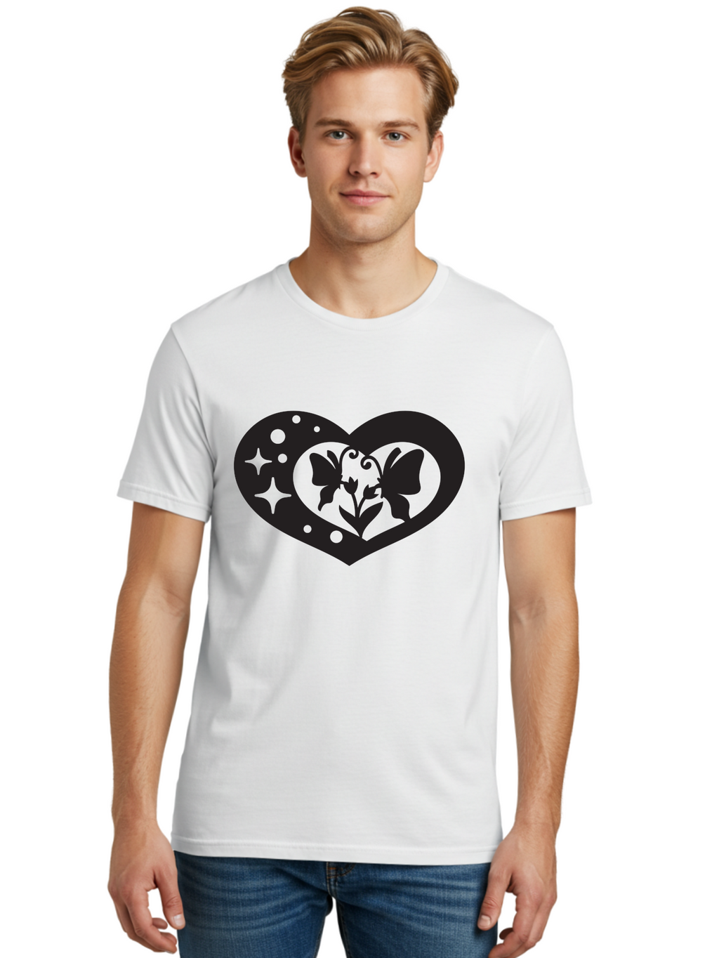Butterfly-Heart Men'S Graphic Tee, 100% Cotton, Comfortable Casual Summer Wear, Machine Washable, Heart Shape, Butterfly Silhouette, Floral Design, Whimsical Graphics, Decorative Art, Symbolic Heart, Nature-Inspired, Mystical Charm, Aab259