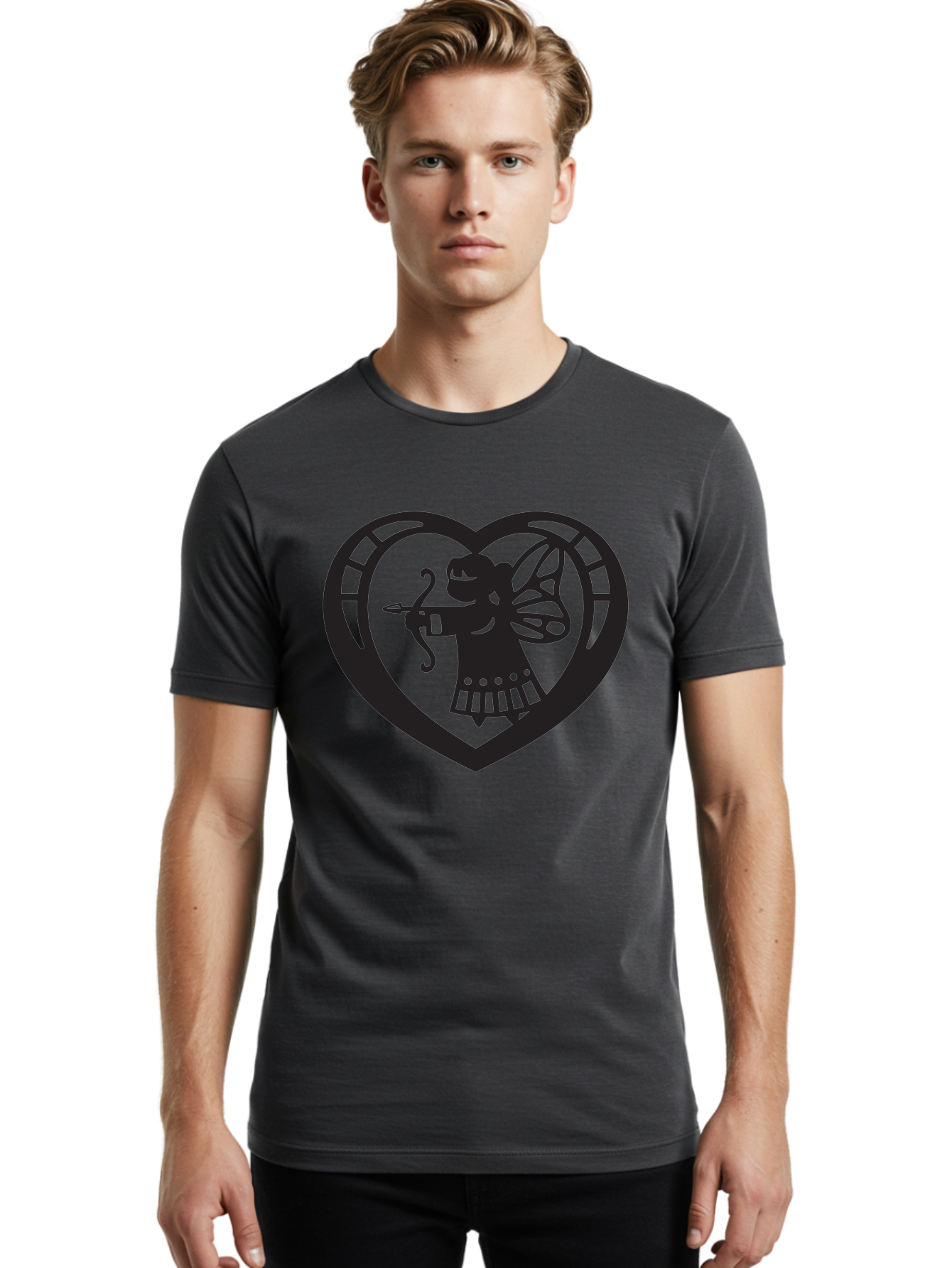 Cupid-1 Men'S Graphic Tee, 100% Cotton, Comfortable Casual Summer Wear, Machine Washable, Cupid Silhouette, Cupid With Bow And Arrow, Heart Shape, Valentines Day Symbol, Love Icon, Cherub Figure, Winged Character, Romantic Emblem, Aab261