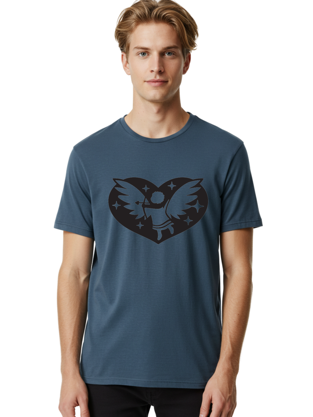 Cupid-Heart Men'S Graphic Tee, 100% Cotton, Comfortable Casual Summer Wear, Machine Washable, Cupid With Bow And Arrow, Heart Shape, Winged Cherub, Love Symbol, Valentines Day, Romance, Stars, Mythological Figure, Love Heart Aab262