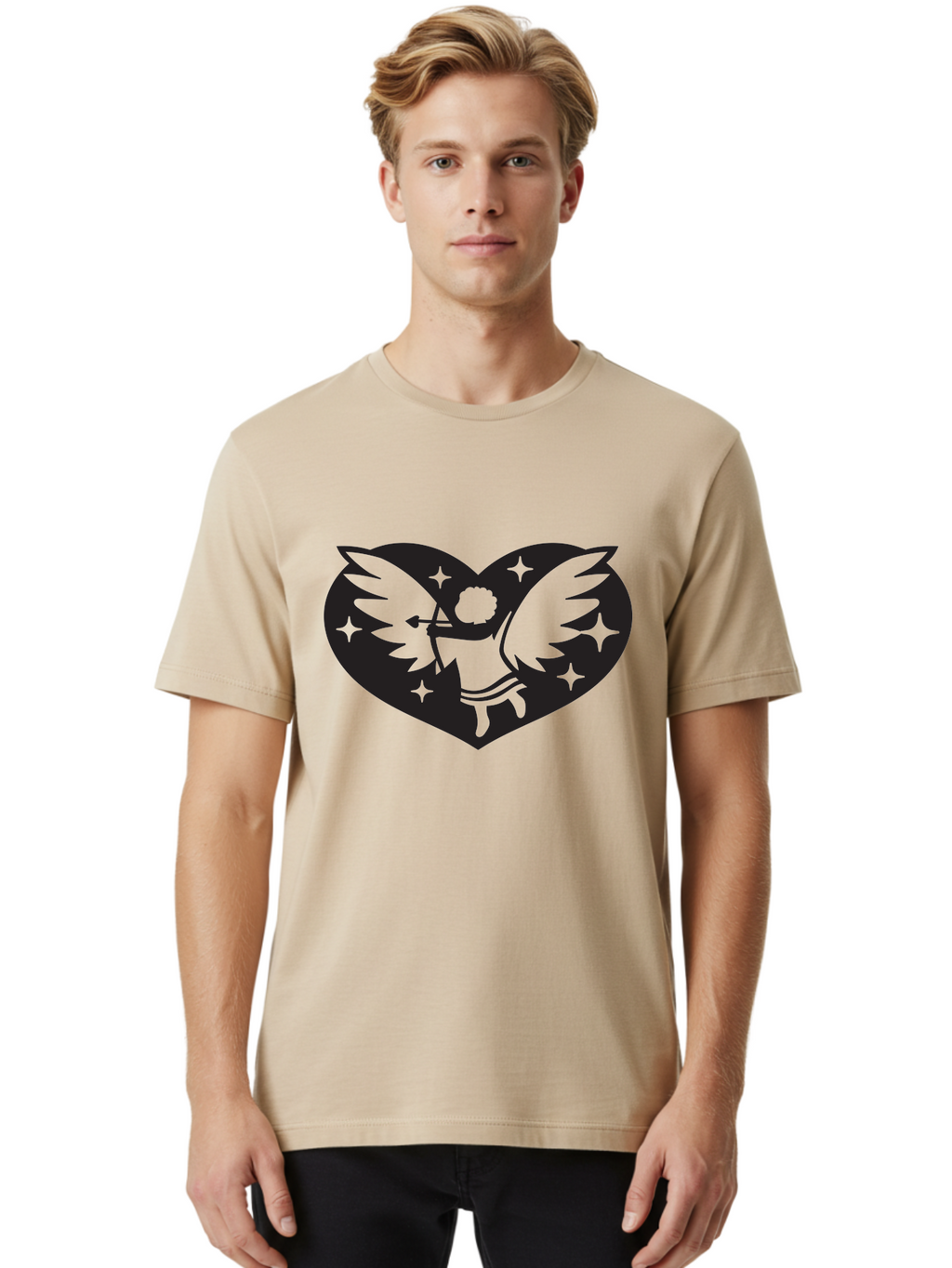Cupid-Heart Men'S Graphic Tee, 100% Cotton, Comfortable Casual Summer Wear, Machine Washable, Cupid With Bow And Arrow, Heart Shape, Winged Cherub, Love Symbol, Valentines Day, Romance, Stars, Mythological Figure, Love Heart Aab262