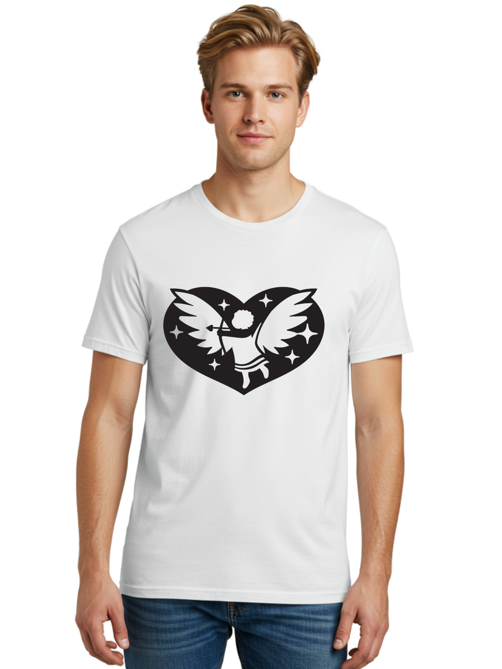 Cupid-Heart Men'S Graphic Tee, 100% Cotton, Comfortable Casual Summer Wear, Machine Washable, Cupid With Bow And Arrow, Heart Shape, Winged Cherub, Love Symbol, Valentines Day, Romance, Stars, Mythological Figure, Love Heart Aab262