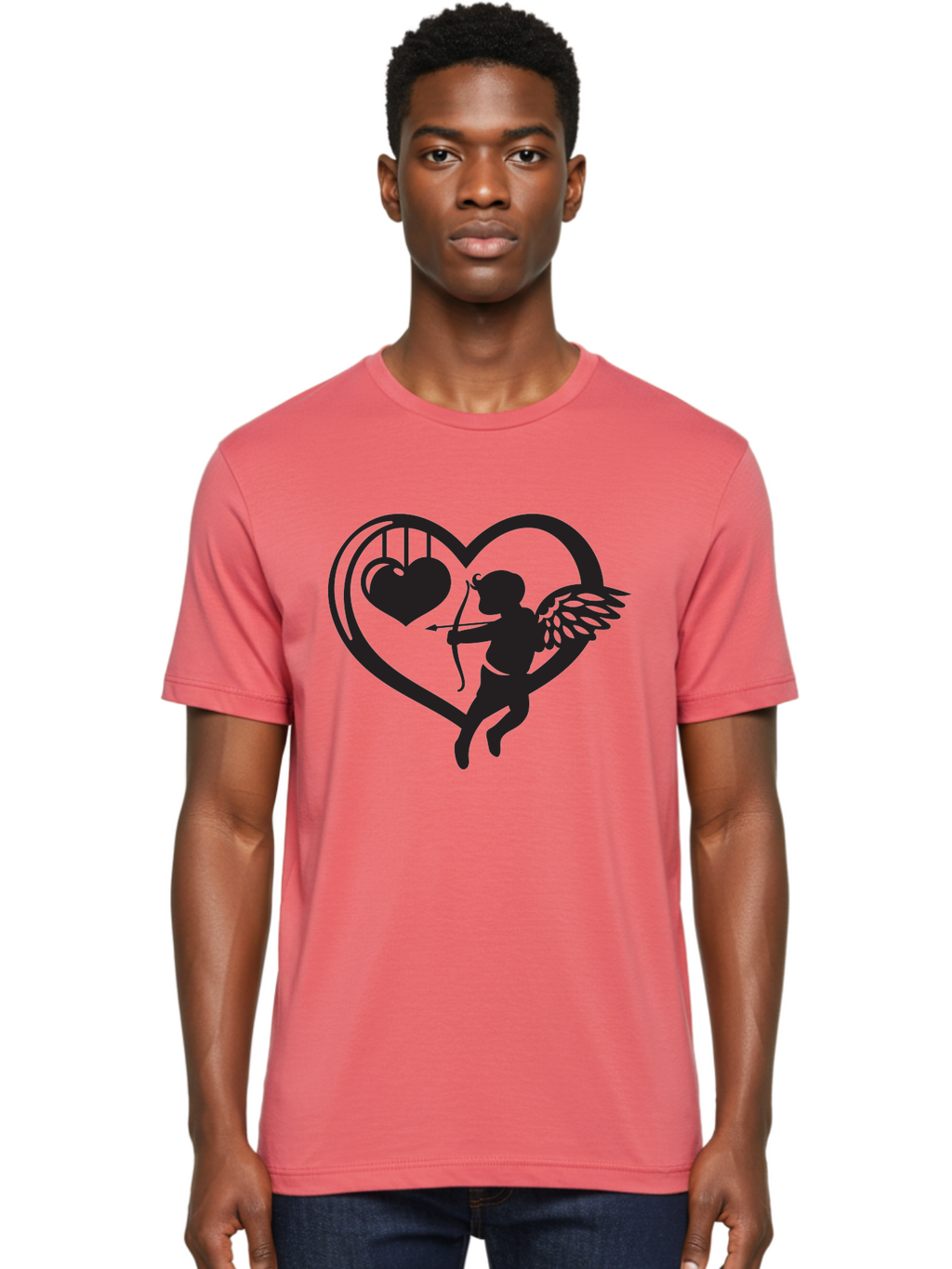Cupid-With-Bow-And-Arrow Men'S Graphic Tee, 100% Cotton, Comfortable Casual Summer Wear, Machine Washable, Cupid Shooting Arrow, Heart Shape, Love Symbol, Romantic Gesture, Arrow And Heart, Valentine'S Day Icon, Cherub With Bow Aab264