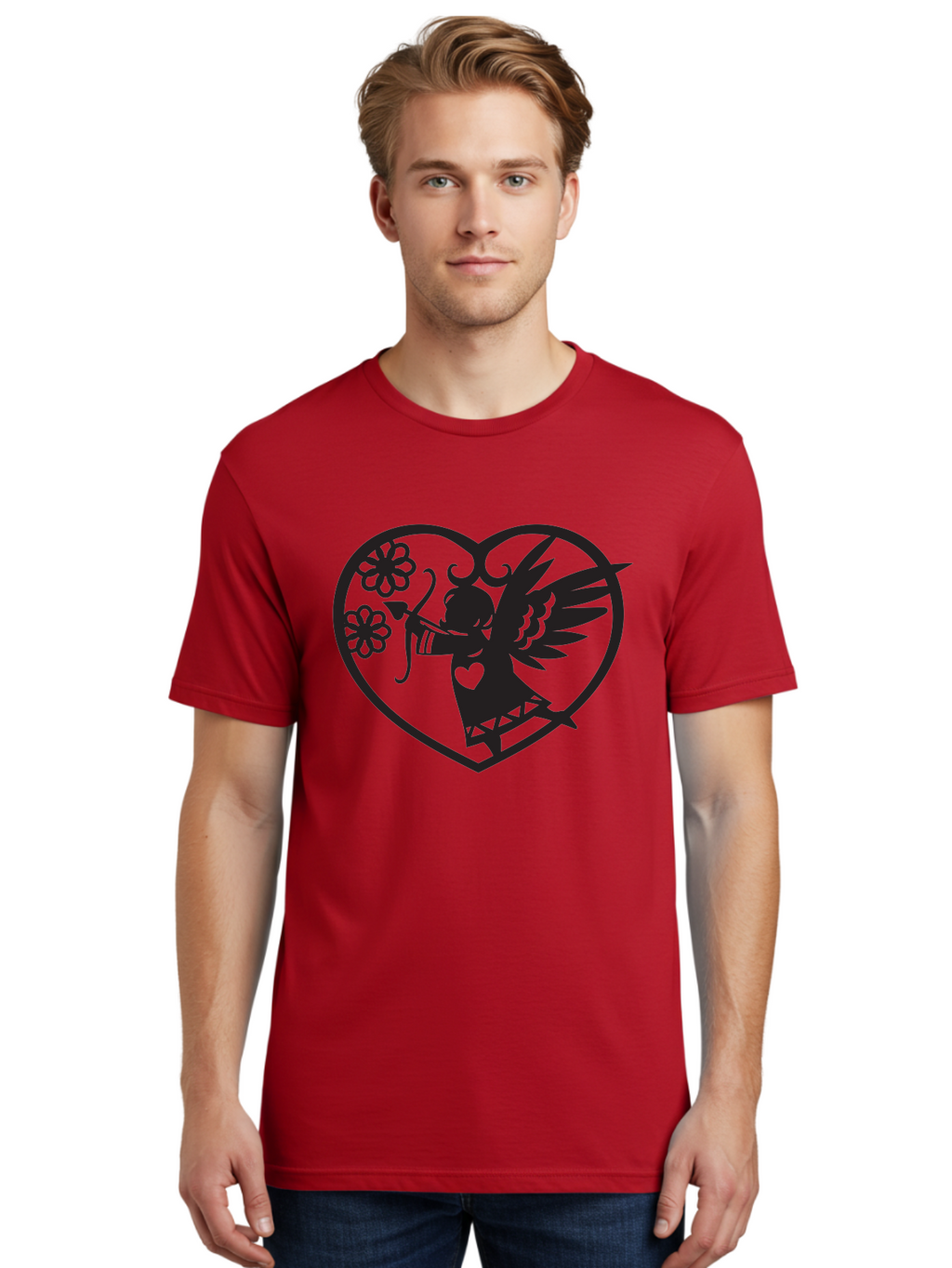 Cupid-With-Flowers Men'S Graphic Tee, 100% Cotton, Comfortable Casual Summer Wear, Machine Washable, Cupid With Bow And Arrow, Love Symbol, Valentines Day Icon, Heart Shaped Frame, Floral Elements, Romance And Love, Cherub With Wings Aab265