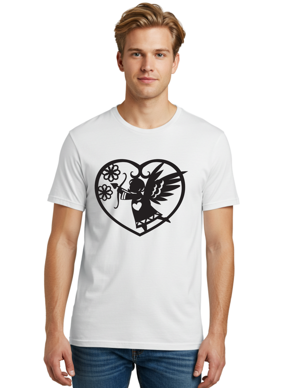 Cupid-With-Flowers Men'S Graphic Tee, 100% Cotton, Comfortable Casual Summer Wear, Machine Washable, Cupid With Bow And Arrow, Love Symbol, Valentines Day Icon, Heart Shaped Frame, Floral Elements, Romance And Love, Cherub With Wings Aab265