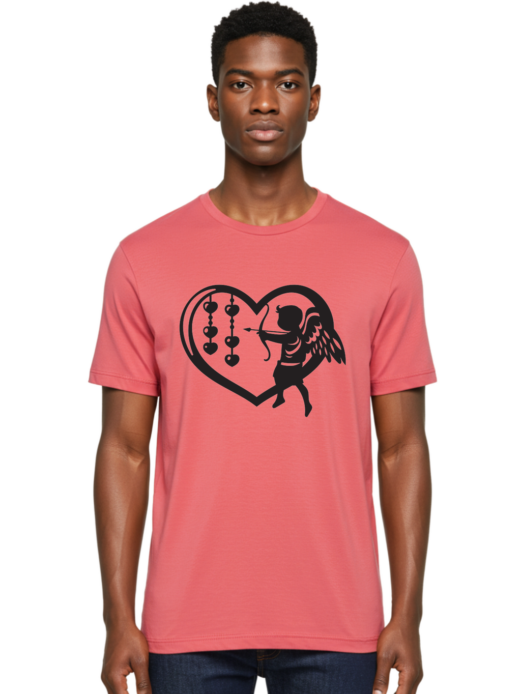 Cupid-With-Heart-Shaped-Necklace Men'S Graphic Tee, 100% Cotton, Comfortable Casual Summer Wear, Machine Washable, Cupid Shooting Arrow, Heart-Shaped Frame, Love Symbol, Valentine'S Day Theme, Romantic Gesture, Heart Beads, Winged Cherub Aab266