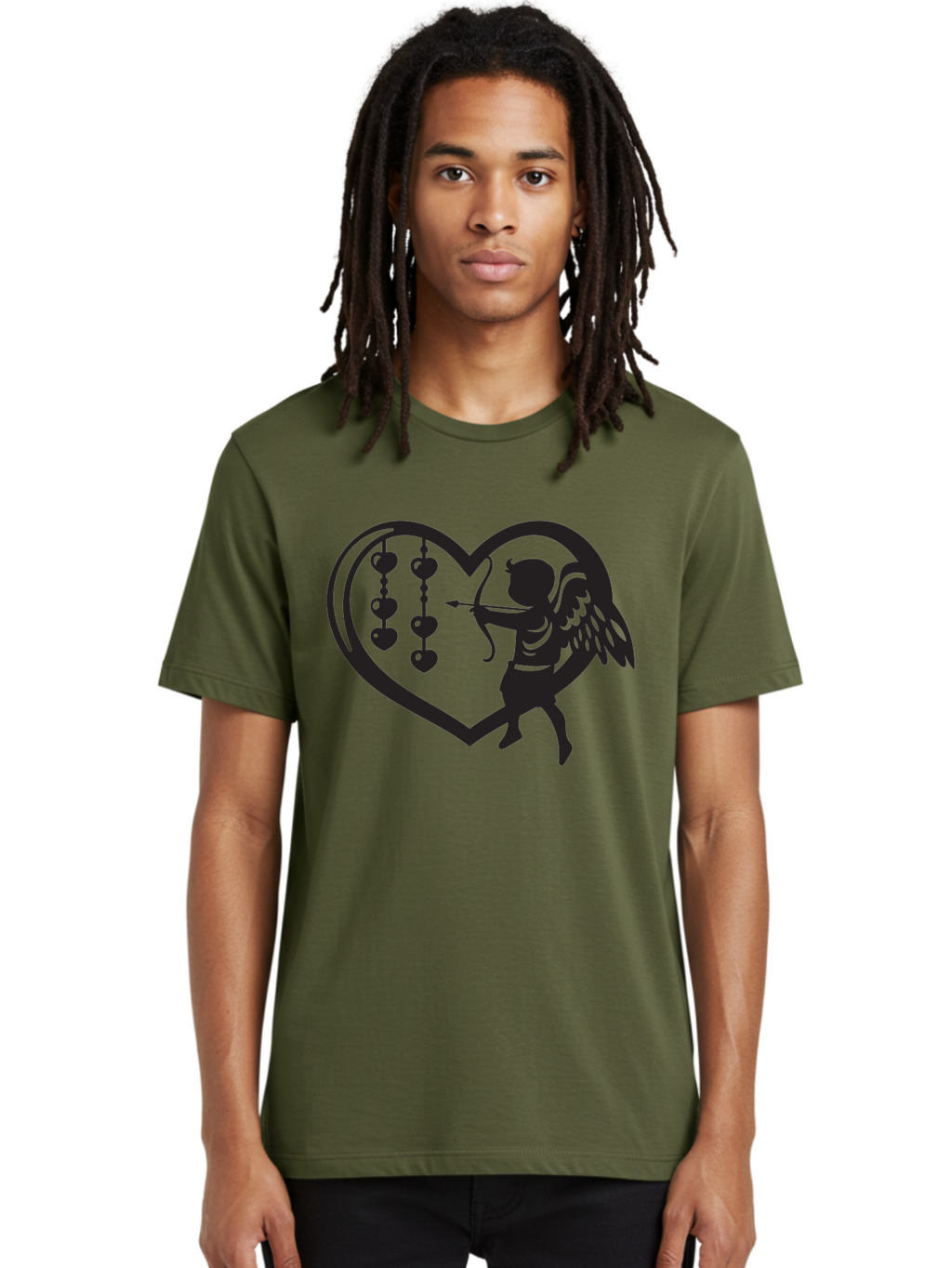 Cupid-With-Heart-Shaped-Necklace Men'S Graphic Tee, 100% Cotton, Comfortable Casual Summer Wear, Machine Washable, Cupid Shooting Arrow, Heart-Shaped Frame, Love Symbol, Valentine'S Day Theme, Romantic Gesture, Heart Beads, Winged Cherub Aab266