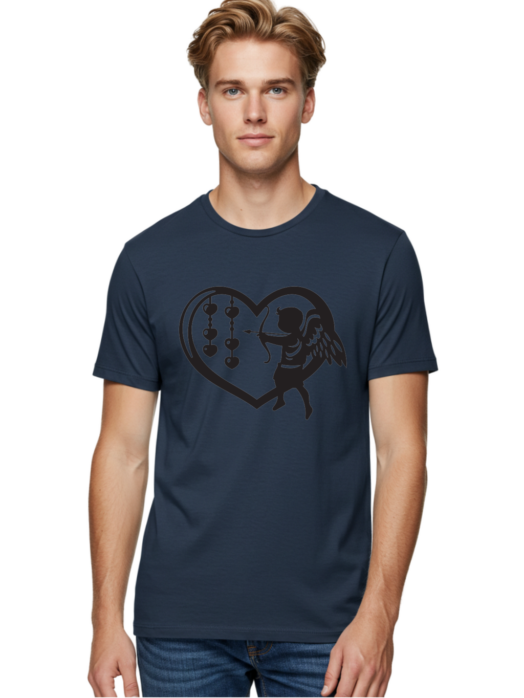 Cupid-With-Heart-Shaped-Necklace Men'S Graphic Tee, 100% Cotton, Comfortable Casual Summer Wear, Machine Washable, Cupid Shooting Arrow, Heart-Shaped Frame, Love Symbol, Valentine'S Day Theme, Romantic Gesture, Heart Beads, Winged Cherub Aab266