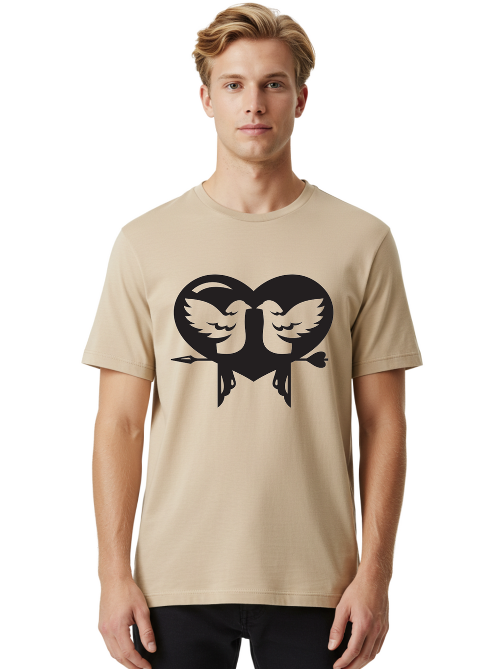 Cupid Men'S Graphic Tee, 100% Cotton, Comfortable Casual Summer Wear, Machine Washable, Heart Shape, Swallows Silhouette, Doves, Birds In Love, Arrow Through Heart, Love Symbol, Romantic Gesture, Tender Moment, Heartwarming Scene, Bird Art, Aab267