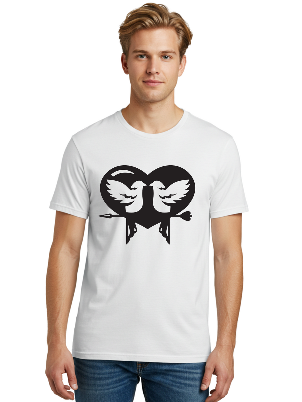Cupid Men'S Graphic Tee, 100% Cotton, Comfortable Casual Summer Wear, Machine Washable, Heart Shape, Swallows Silhouette, Doves, Birds In Love, Arrow Through Heart, Love Symbol, Romantic Gesture, Tender Moment, Heartwarming Scene, Bird Art, Aab267