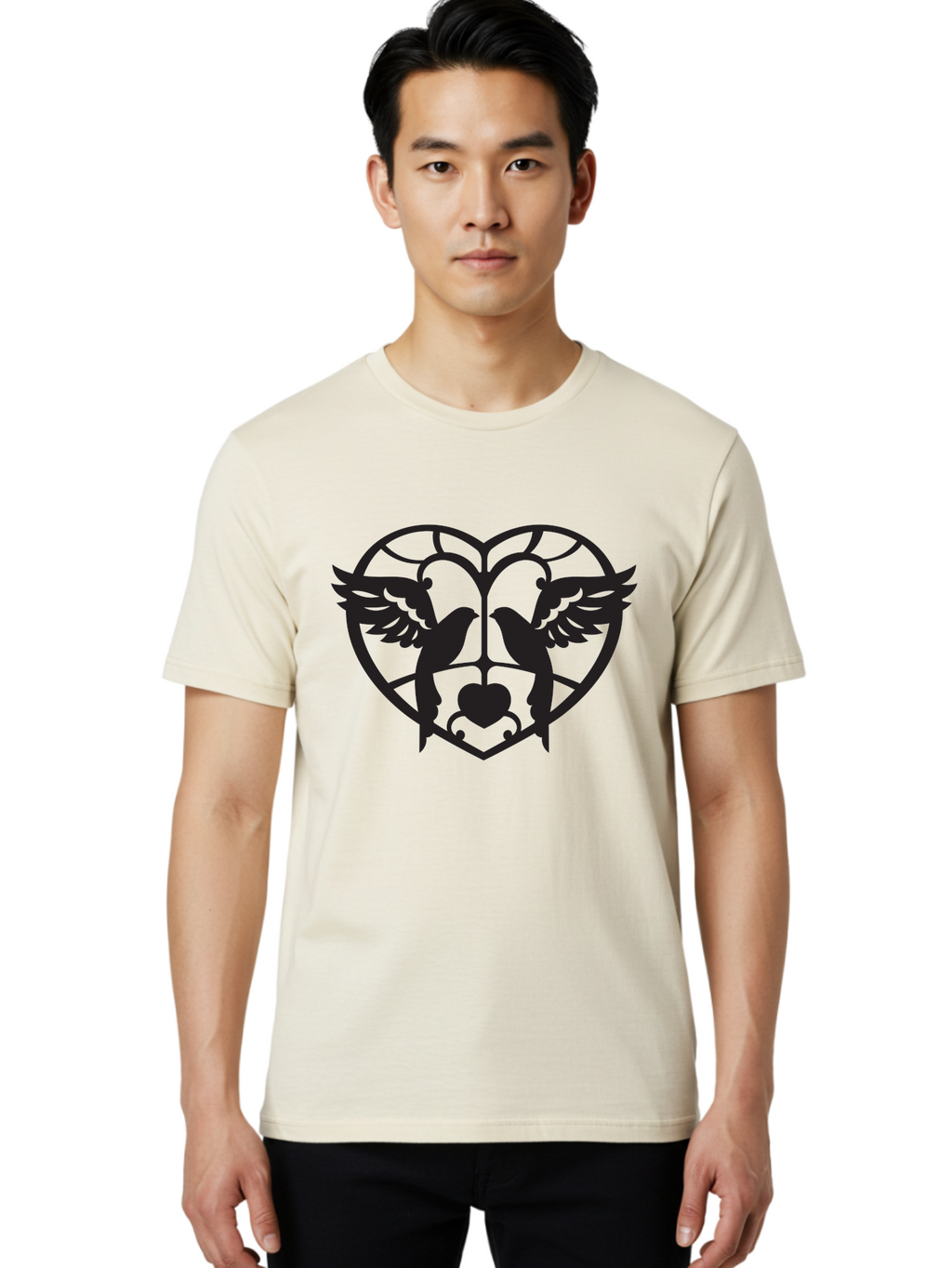 Dove-Heart Men'S Graphic Tee, 100% Cotton, Comfortable Casual Summer Wear, Machine Washable, Doves In Love, Heart Symbol, Symbol Of Love, Peace Doves, Unity, Harmony, Love And Peace, Couple Doves, Decorative Doves Aab268