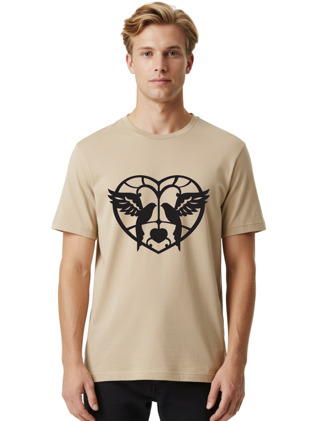 Dove-Heart Men'S Graphic Tee, 100% Cotton, Comfortable Casual Summer Wear, Machine Washable, Doves In Love, Heart Symbol, Symbol Of Love, Peace Doves, Unity, Harmony, Love And Peace, Couple Doves, Decorative Doves Aab268