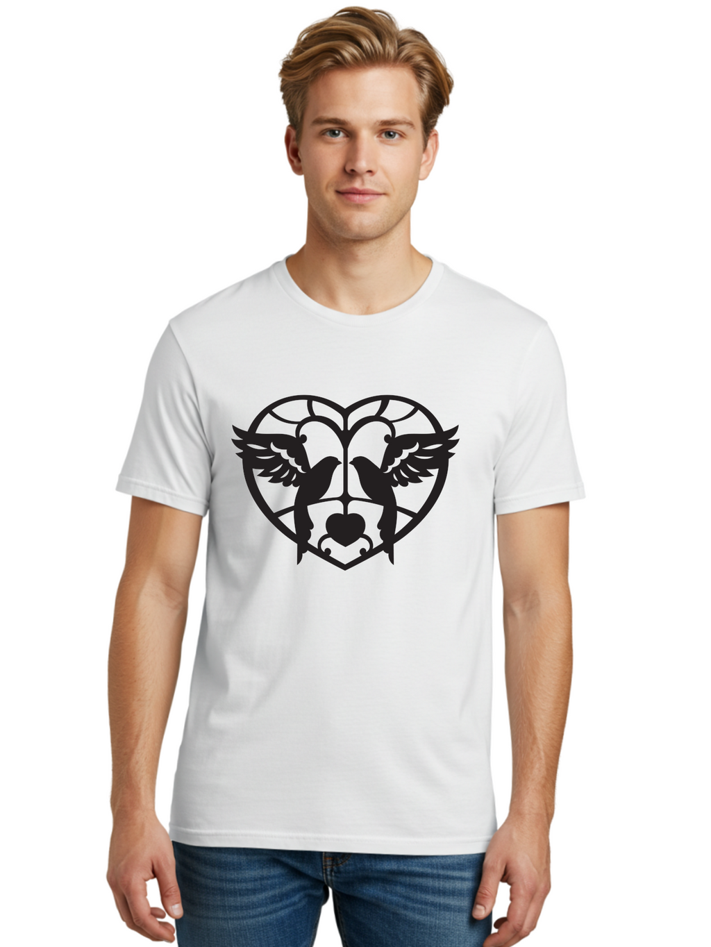 Dove-Heart Men'S Graphic Tee, 100% Cotton, Comfortable Casual Summer Wear, Machine Washable, Doves In Love, Heart Symbol, Symbol Of Love, Peace Doves, Unity, Harmony, Love And Peace, Couple Doves, Decorative Doves Aab268