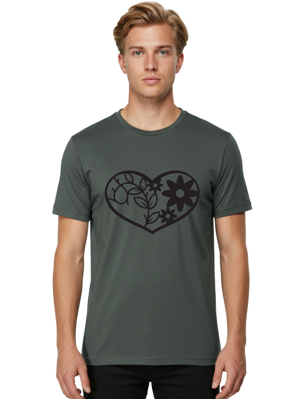 Floral-Heart Men'S Graphic Tee, 100% Cotton, Comfortable Casual Summer Wear, Machine Washable, Heart Shape, Floral Design, Flowers, Leaves, Botanical Elements, Love Symbol, Decorative Art, Simple Illustrations, Minimalist Style, Flower Motifs Aab269