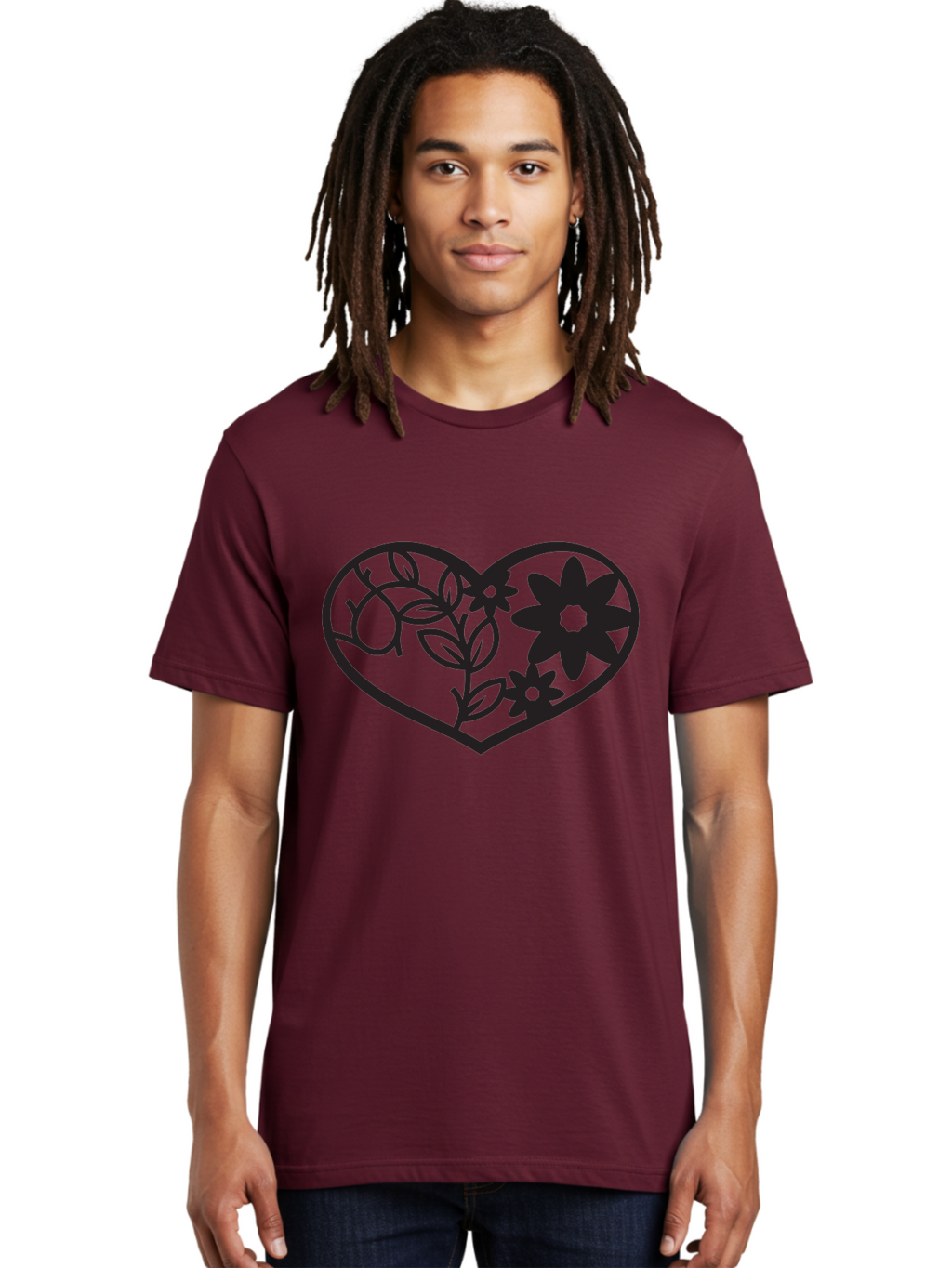 Floral-Heart Men'S Graphic Tee, 100% Cotton, Comfortable Casual Summer Wear, Machine Washable, Heart Shape, Floral Design, Flowers, Leaves, Botanical Elements, Love Symbol, Decorative Art, Simple Illustrations, Minimalist Style, Flower Motifs Aab269