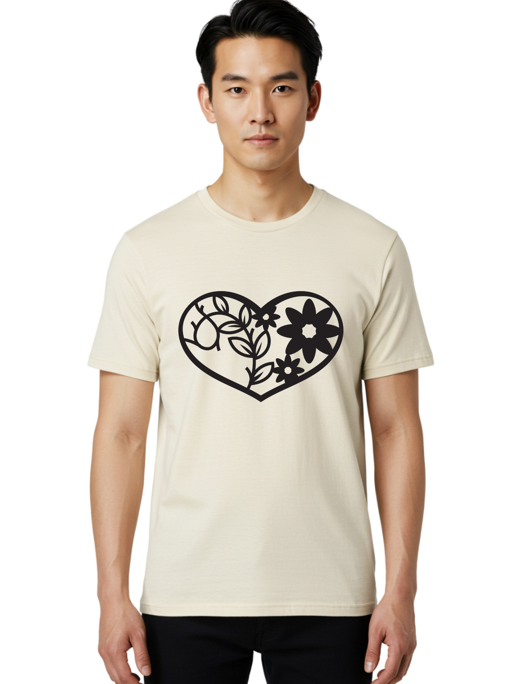 Floral-Heart Men'S Graphic Tee, 100% Cotton, Comfortable Casual Summer Wear, Machine Washable, Heart Shape, Floral Design, Flowers, Leaves, Botanical Elements, Love Symbol, Decorative Art, Simple Illustrations, Minimalist Style, Flower Motifs Aab269