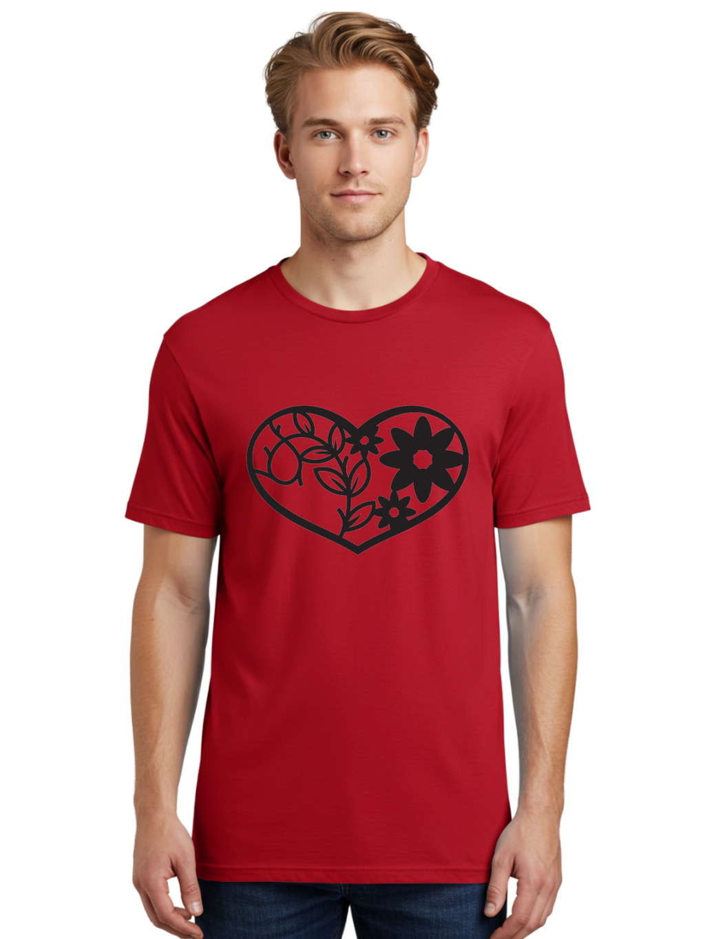 Floral-Heart Men'S Graphic Tee, 100% Cotton, Comfortable Casual Summer Wear, Machine Washable, Heart Shape, Floral Design, Flowers, Leaves, Botanical Elements, Love Symbol, Decorative Art, Simple Illustrations, Minimalist Style, Flower Motifs Aab269