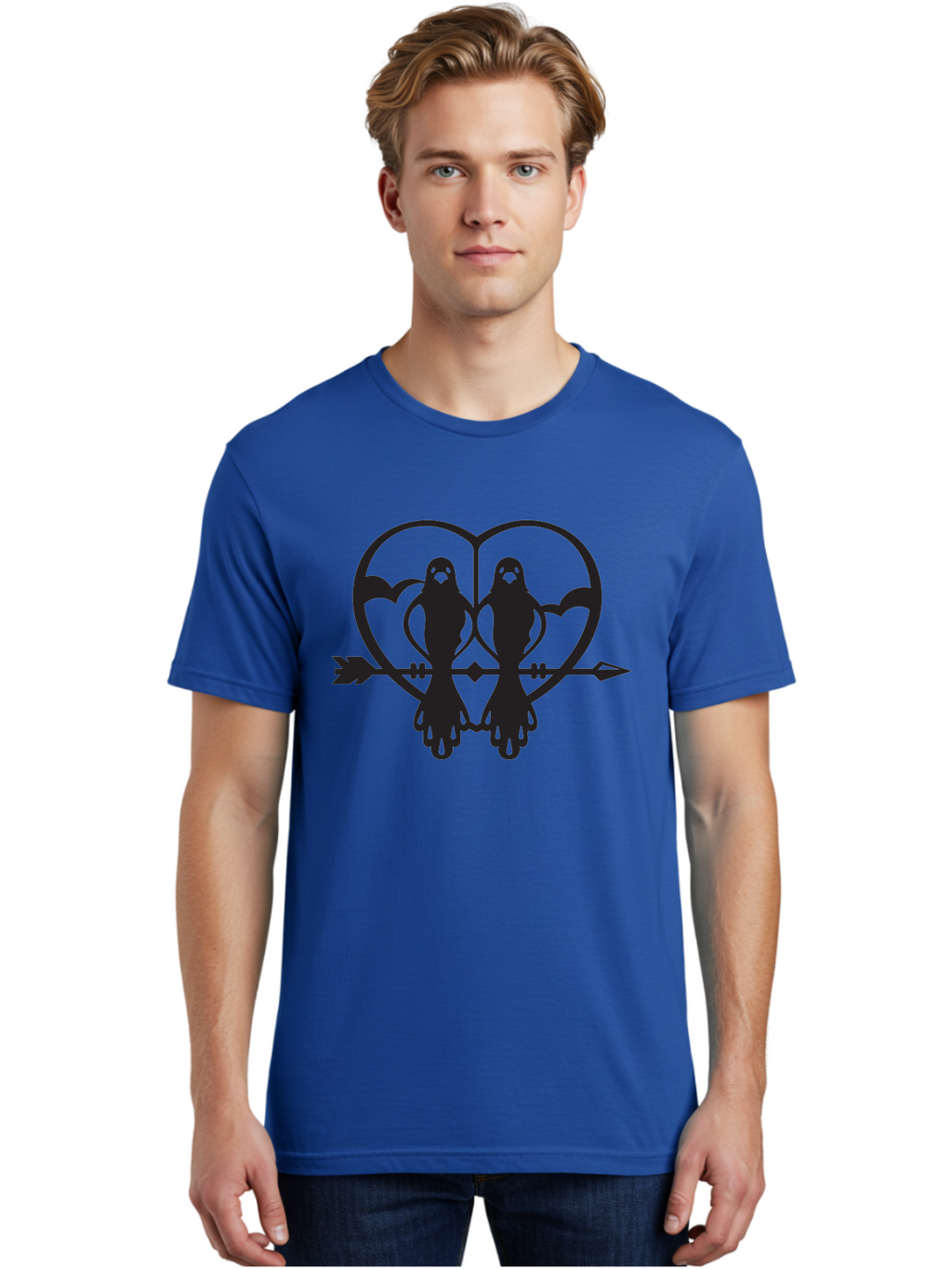 Goth-Couple Men'S Graphic Tee, 100% Cotton, Comfortable Casual Summer Wear, Machine Washable, Ghostly Figures, Heart Shape, Arrow Through Heart, Mirrored Silhouettes, Mystical Imagery, Gothic Romance, Spooky Love, Eerie Atmosphere, Dark Art, Aab270