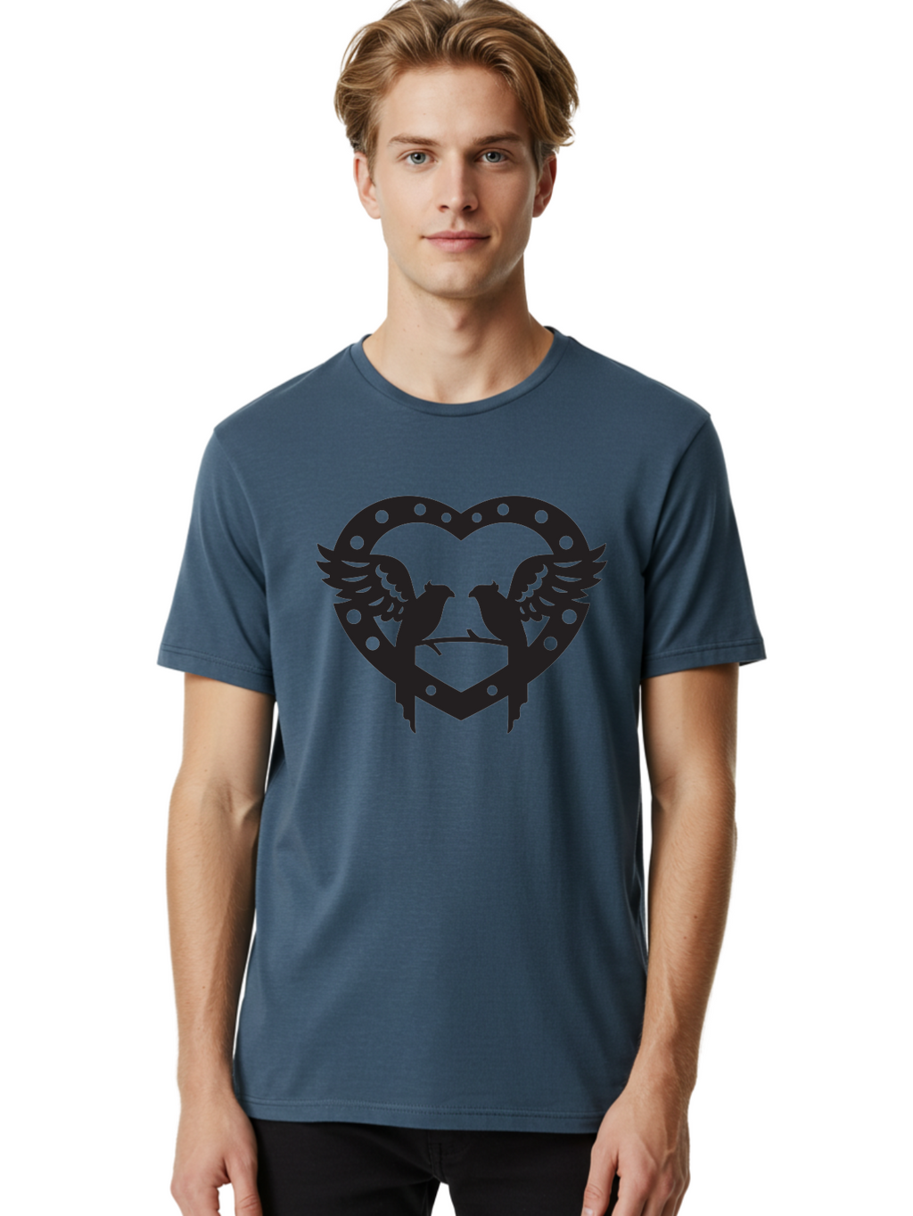 Heart-Birds Men'S Graphic Tee, 100% Cotton, Comfortable Casual Summer Wear, Machine Washable, Love Birds, Heart Shape, Decorative Key, Symbol Of Love, Romantic Motifs, Valentine'S Day Theme, Couple Birds, Winged Hearts, Ornate Design, Aab273