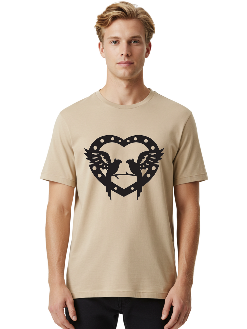 Heart-Birds Men'S Graphic Tee, 100% Cotton, Comfortable Casual Summer Wear, Machine Washable, Love Birds, Heart Shape, Decorative Key, Symbol Of Love, Romantic Motifs, Valentine'S Day Theme, Couple Birds, Winged Hearts, Ornate Design, Aab273