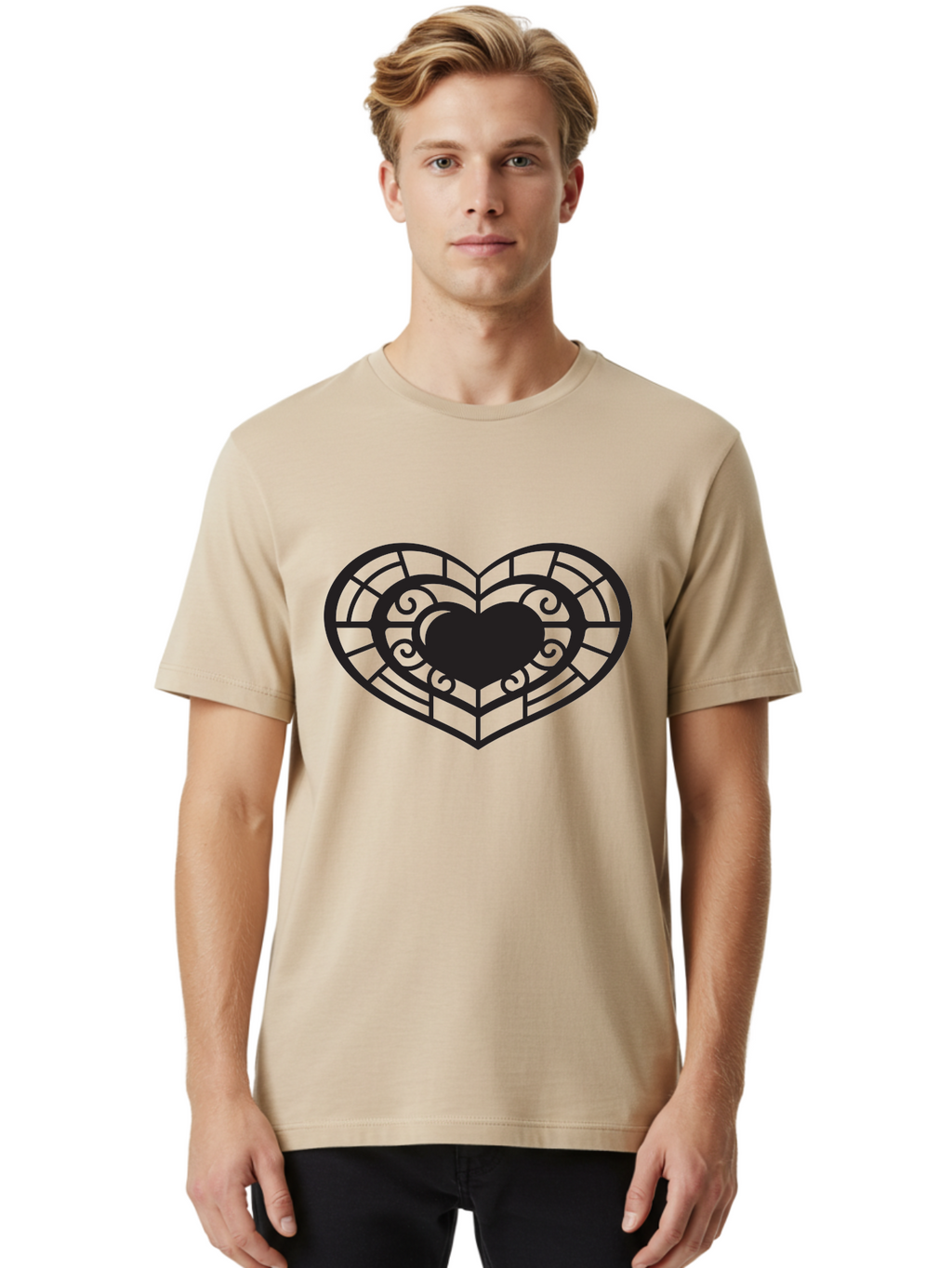 Heart-Design Men'S Graphic Tee, 100% Cotton, Comfortable Casual Summer Wear, Machine Washable, Stained Glass Heart, Decorative Heart, Intricate Design, Heart Silhouette, Ornate Pattern, Swirling Shapes, Love Symbol, Valentines Day Aab274