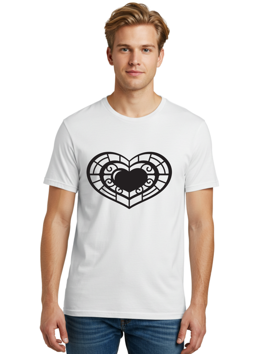 Heart-Design Men'S Graphic Tee, 100% Cotton, Comfortable Casual Summer Wear, Machine Washable, Stained Glass Heart, Decorative Heart, Intricate Design, Heart Silhouette, Ornate Pattern, Swirling Shapes, Love Symbol, Valentines Day Aab274