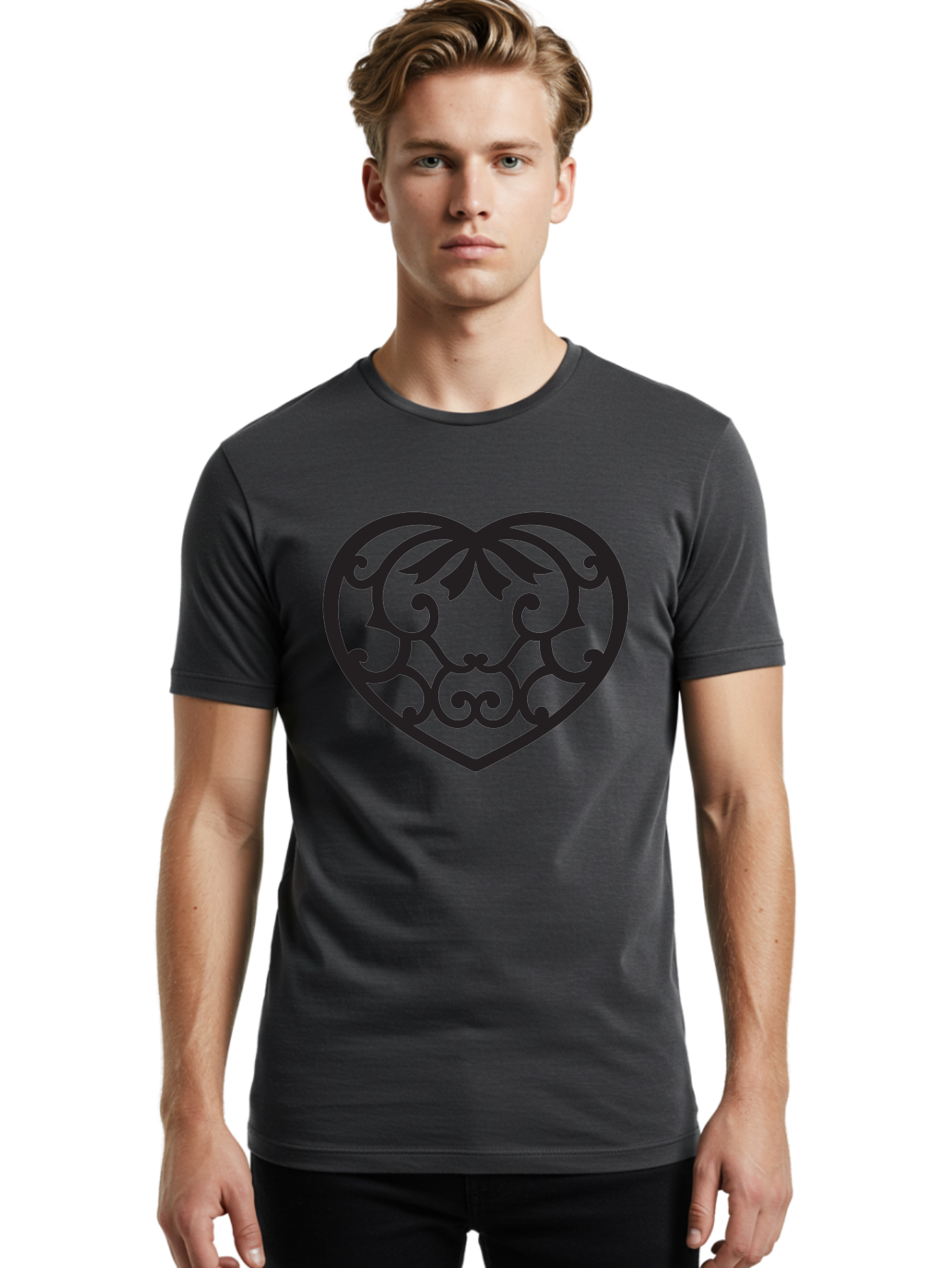 Heart-Filigree Men'S Graphic Tee, 100% Cotton, Comfortable Casual Summer Wear, Machine Washable, Filigree Heart, Floral Pattern, Heart Shape, Black Design, Ornate Details, Elegant Style, Romantic Symbol, Decorative Art Aab275