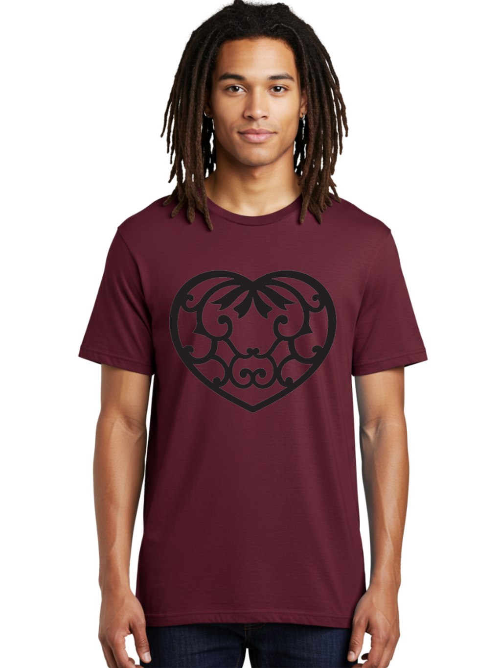 Heart-Filigree Men'S Graphic Tee, 100% Cotton, Comfortable Casual Summer Wear, Machine Washable, Filigree Heart, Floral Pattern, Heart Shape, Black Design, Ornate Details, Elegant Style, Romantic Symbol, Decorative Art Aab275