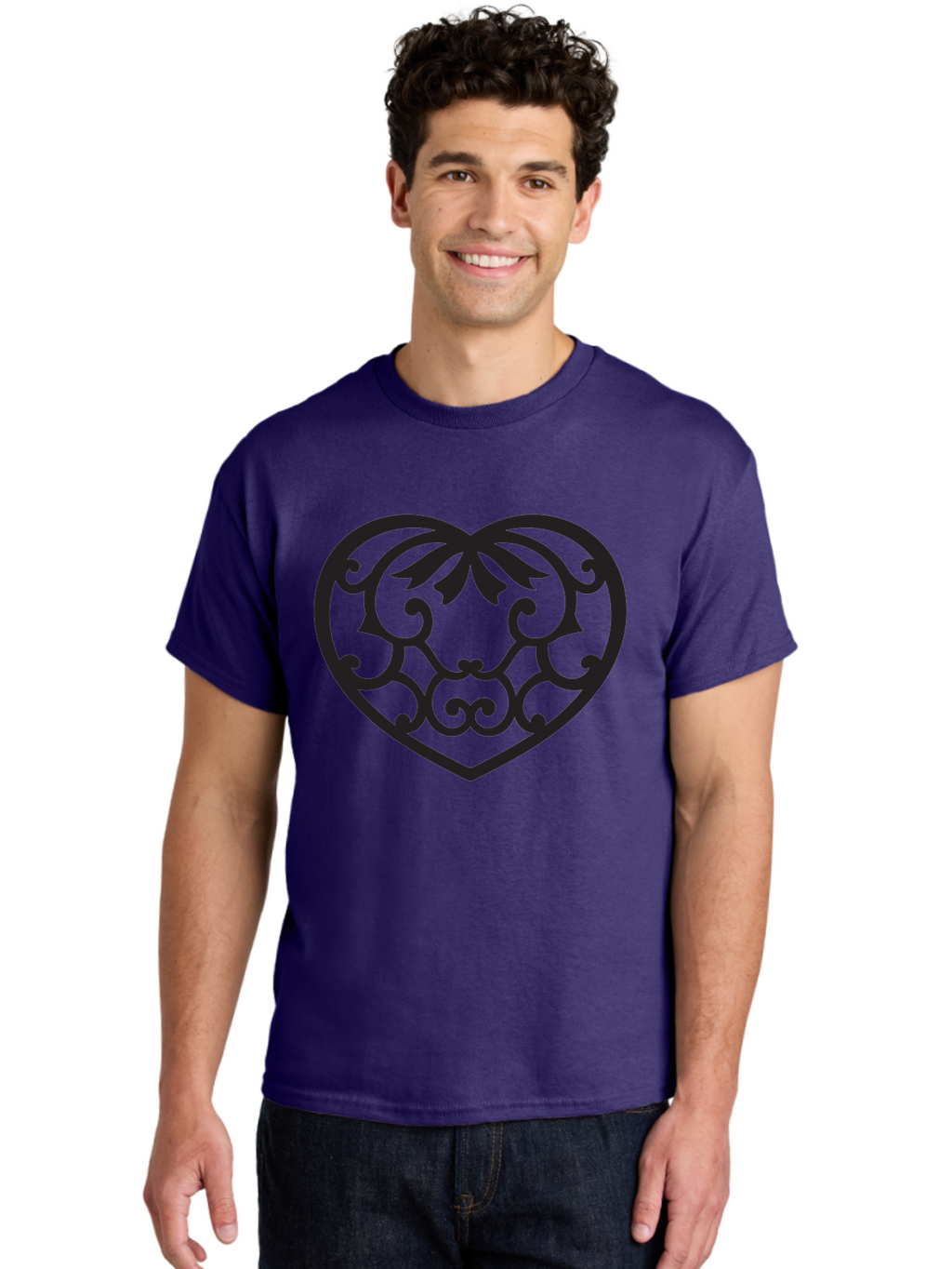 Heart-Filigree Men'S Graphic Tee, 100% Cotton, Comfortable Casual Summer Wear, Machine Washable, Filigree Heart, Floral Pattern, Heart Shape, Black Design, Ornate Details, Elegant Style, Romantic Symbol, Decorative Art Aab275