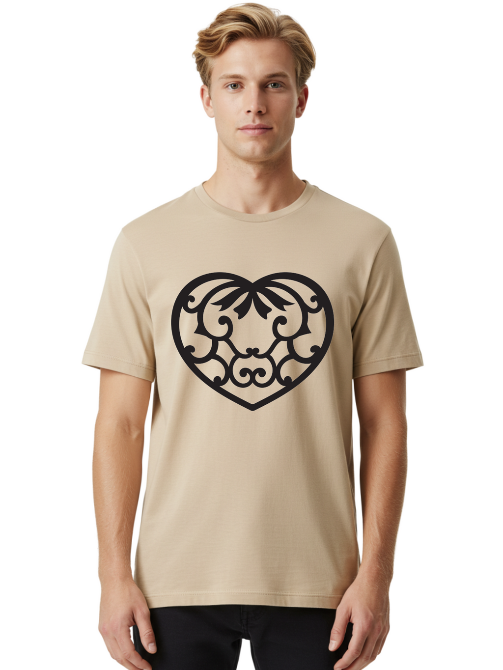 Heart-Filigree Men'S Graphic Tee, 100% Cotton, Comfortable Casual Summer Wear, Machine Washable, Filigree Heart, Floral Pattern, Heart Shape, Black Design, Ornate Details, Elegant Style, Romantic Symbol, Decorative Art Aab275