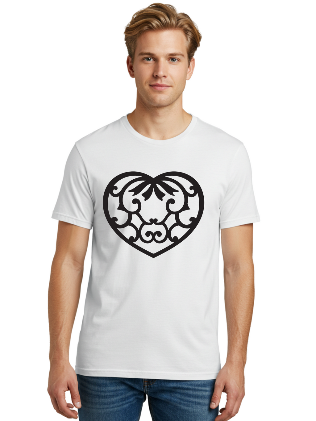 Heart-Filigree Men'S Graphic Tee, 100% Cotton, Comfortable Casual Summer Wear, Machine Washable, Filigree Heart, Floral Pattern, Heart Shape, Black Design, Ornate Details, Elegant Style, Romantic Symbol, Decorative Art Aab275