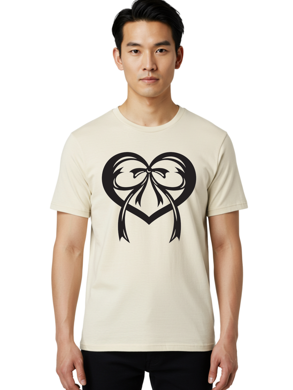 Heart-Graphic Men'S Graphic Tee, 100% Cotton, Comfortable Casual Summer Wear, Machine Washable, Heart Shape, Ribbon Bow, Heart Symbol, Love Sign, Valentine'S Day, Decorative Heart, Black Silhouette, Ribbon Design, Heart Decoration Aab276