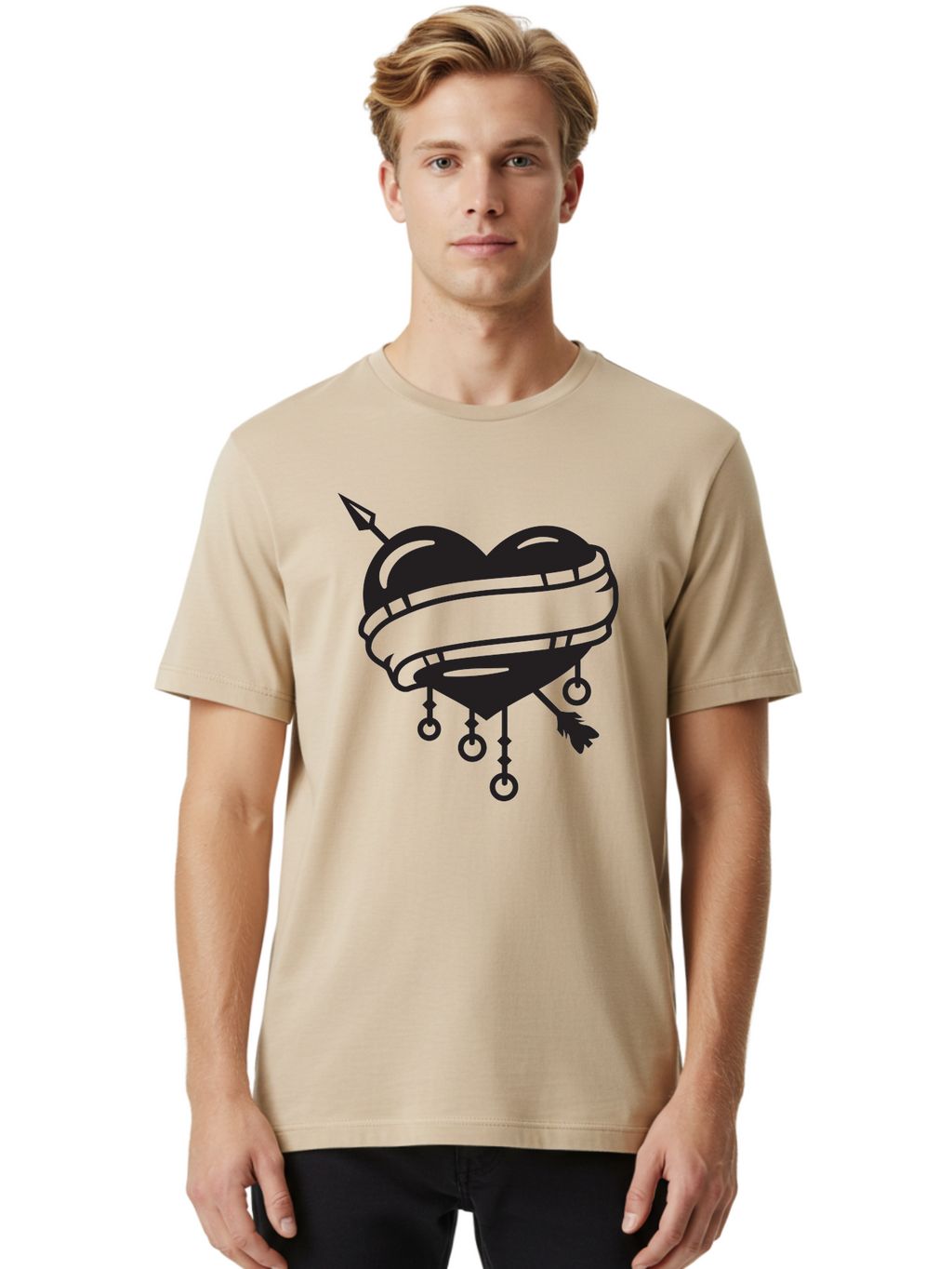 Heart-With-Arrow Men'S Graphic Tee, 100% Cotton, Comfortable Casual Summer Wear, Machine Washable, Heart With Arrow, Bound Heart, Symbolic Heart, Tattoo Art, Heart Design, Symbolic Love, Heart With Bindings Aab277