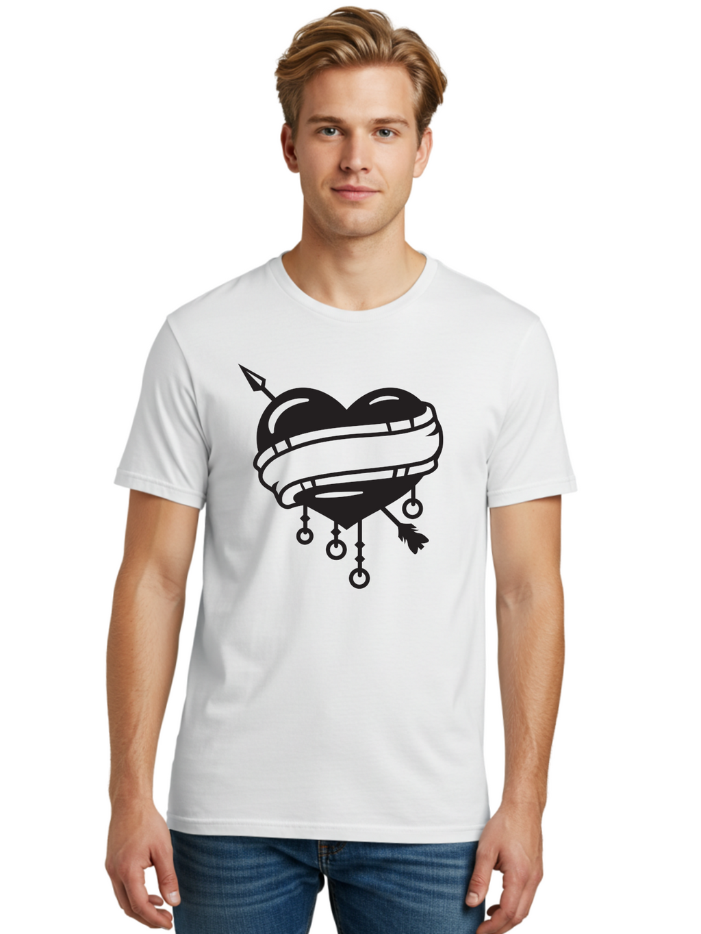 Heart-With-Arrow Men'S Graphic Tee, 100% Cotton, Comfortable Casual Summer Wear, Machine Washable, Heart With Arrow, Bound Heart, Symbolic Heart, Tattoo Art, Heart Design, Symbolic Love, Heart With Bindings Aab277