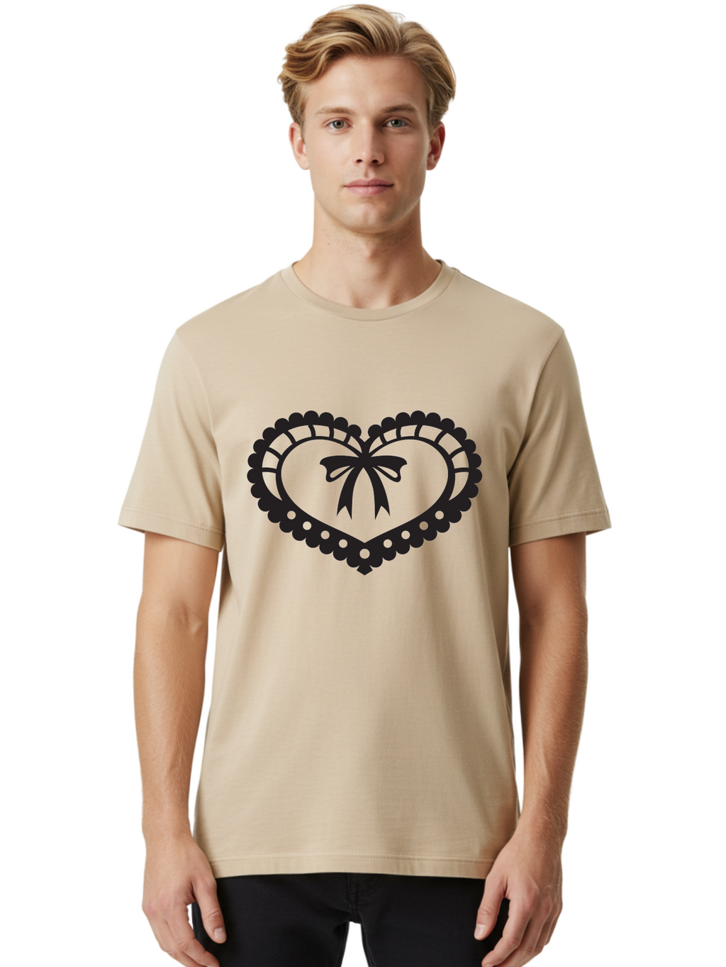 Heart-With-Bow-1 Men'S Graphic Tee, 100% Cotton, Comfortable Casual Summer Wear, Machine Washable, Heart Shape, Decorative Bow, Lace Details, Intricate Design, Love Symbol, Valentines Day, Heart Icon, Cute Graphic Aab278