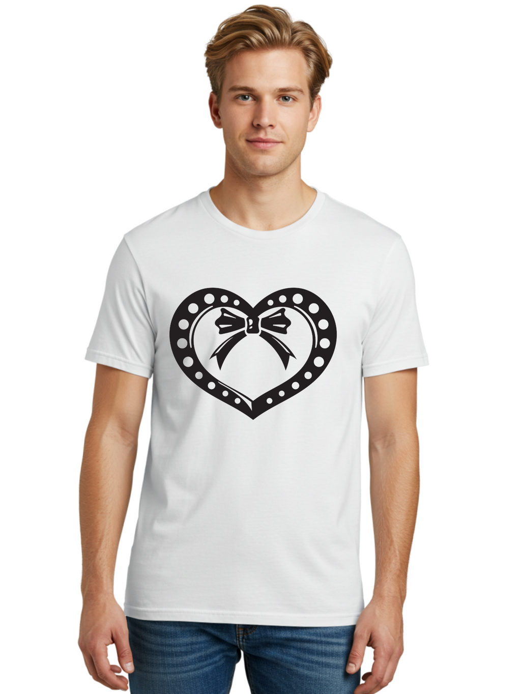 Heart-With-Bow Men'S Graphic Tee, 100% Cotton, Comfortable Casual Summer Wear, Machine Washable, Heart Shape, Bow Design, Polka Dots, Love Symbol, Romantic Gesture, Heartwarming, Cute Design, Heart Icon Aab279
