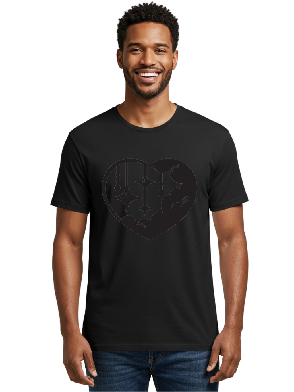 Heart-With-Clouds-And-Stars Men'S Graphic Tee, 100% Cotton, Comfortable Casual Summer Wear, Machine Washable, Heart Shape, Clouds, Stars, Celestial Design, Mystical Patterns, Whimsical Art, Dreamy Silhouettes, Abstract Shapes, Symbolic Heart Aab280