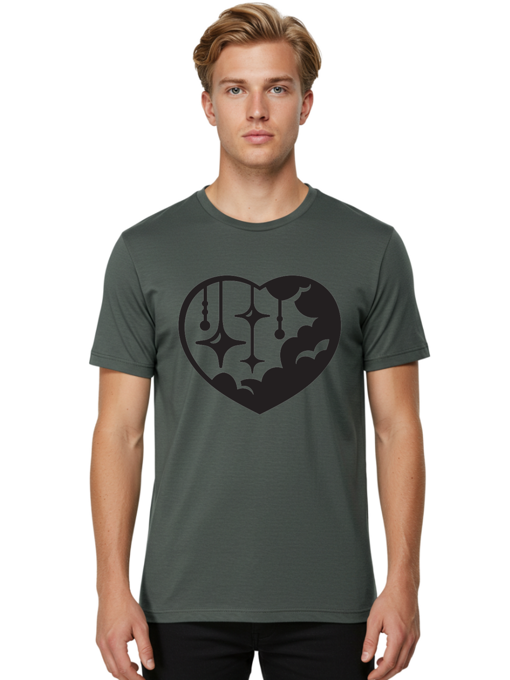 Heart-With-Clouds-And-Stars Men'S Graphic Tee, 100% Cotton, Comfortable Casual Summer Wear, Machine Washable, Heart Shape, Clouds, Stars, Celestial Design, Mystical Patterns, Whimsical Art, Dreamy Silhouettes, Abstract Shapes, Symbolic Heart Aab280