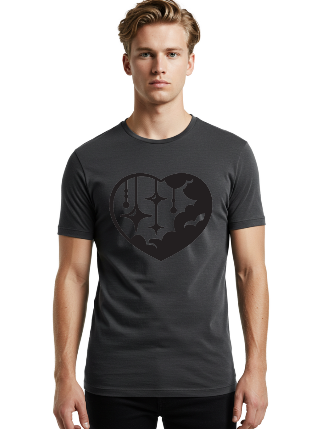 Heart-With-Clouds-And-Stars Men'S Graphic Tee, 100% Cotton, Comfortable Casual Summer Wear, Machine Washable, Heart Shape, Clouds, Stars, Celestial Design, Mystical Patterns, Whimsical Art, Dreamy Silhouettes, Abstract Shapes, Symbolic Heart Aab280