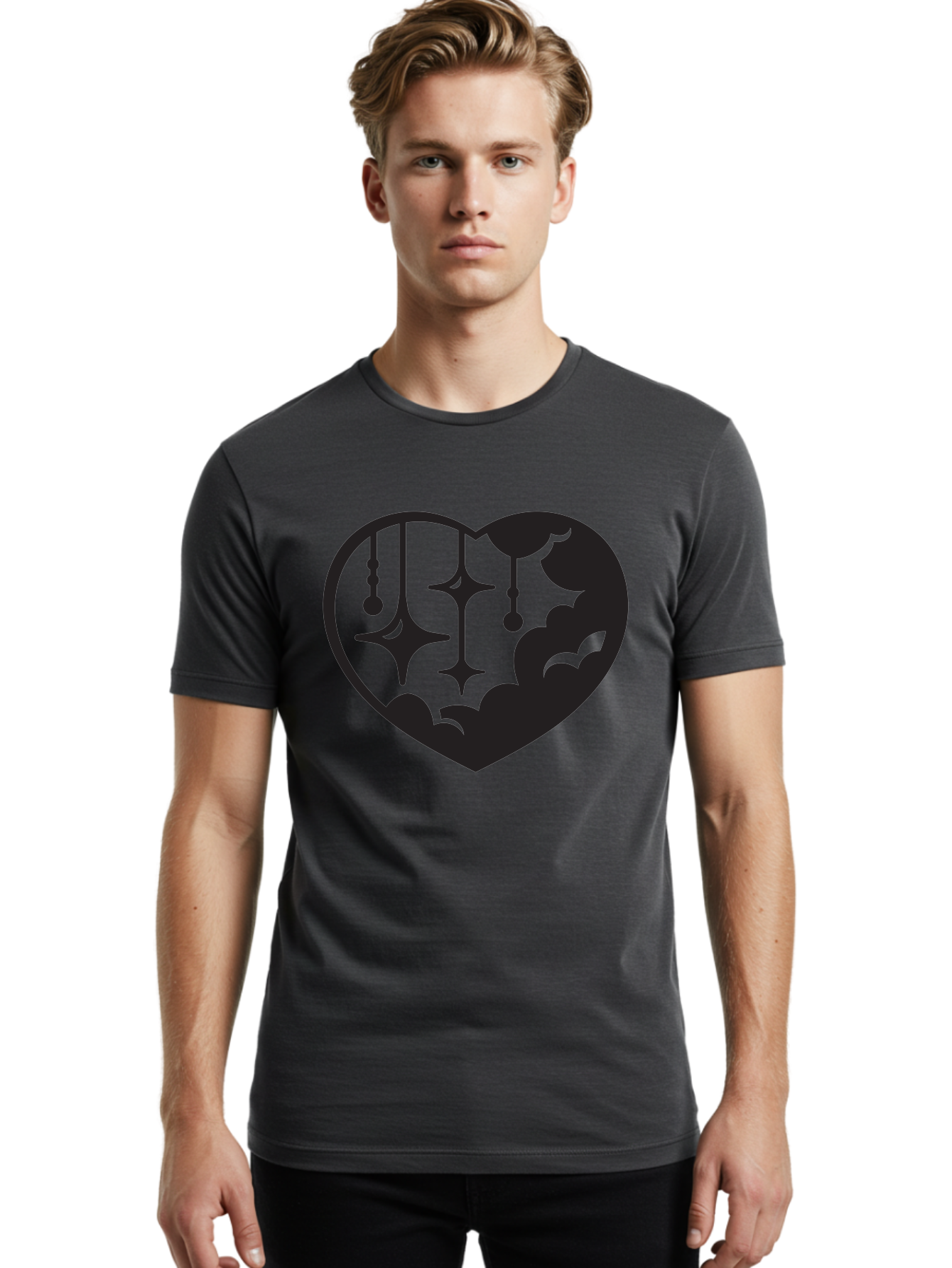 Heart-With-Clouds-And-Stars Men'S Graphic Tee, 100% Cotton, Comfortable Casual Summer Wear, Machine Washable, Heart Shape, Clouds, Stars, Celestial Design, Mystical Patterns, Whimsical Art, Dreamy Silhouettes, Abstract Shapes, Symbolic Heart Aab280
