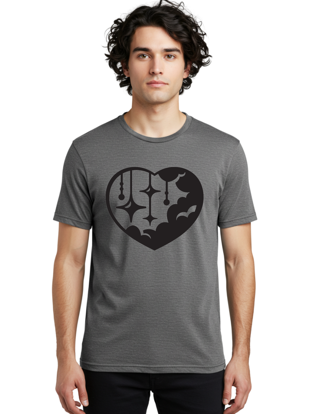 Heart-With-Clouds-And-Stars Men'S Graphic Tee, 100% Cotton, Comfortable Casual Summer Wear, Machine Washable, Heart Shape, Clouds, Stars, Celestial Design, Mystical Patterns, Whimsical Art, Dreamy Silhouettes, Abstract Shapes, Symbolic Heart Aab280