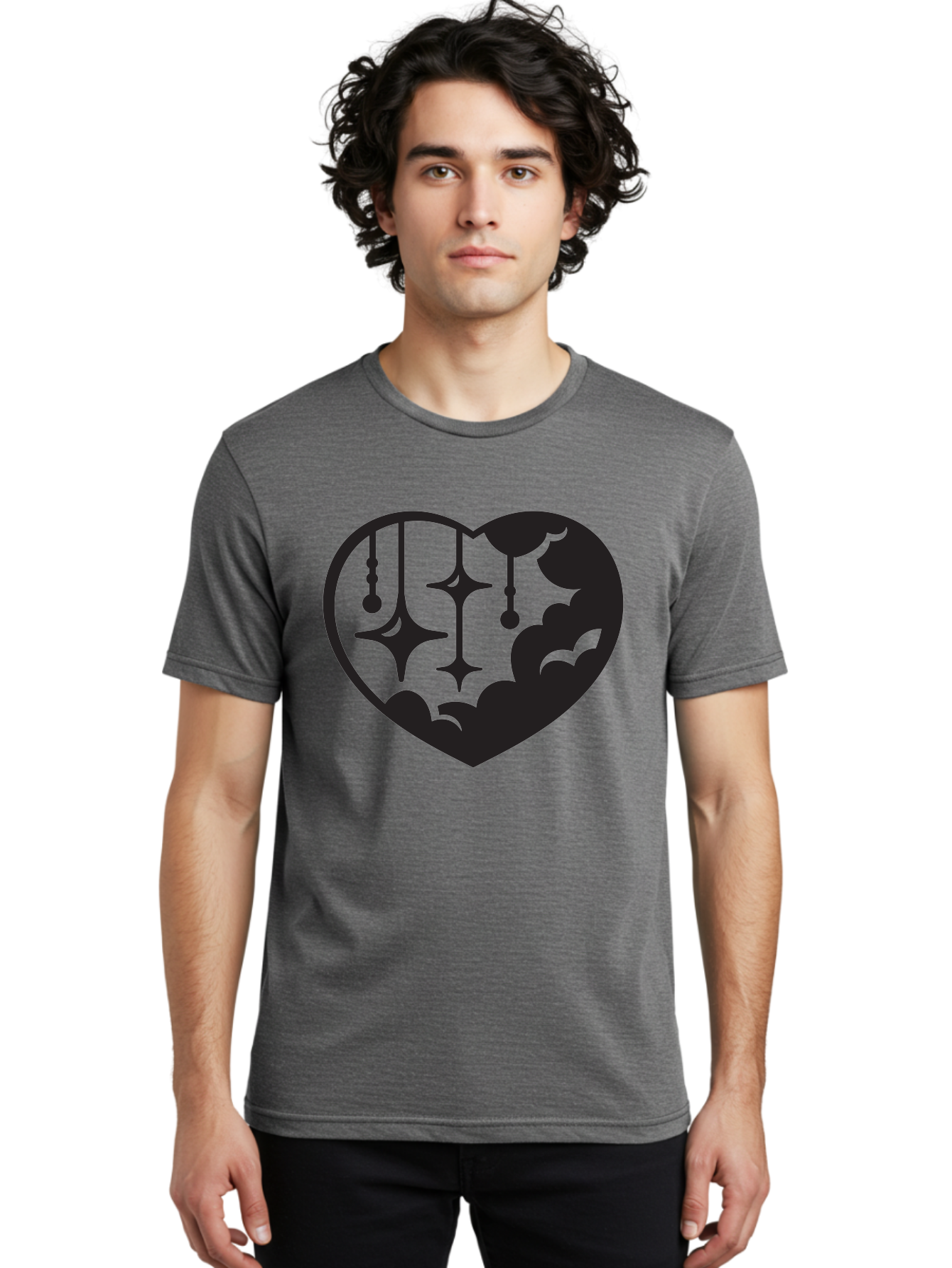 Heart-With-Clouds-And-Stars Men'S Graphic Tee, 100% Cotton, Comfortable Casual Summer Wear, Machine Washable, Heart Shape, Clouds, Stars, Celestial Design, Mystical Patterns, Whimsical Art, Dreamy Silhouettes, Abstract Shapes, Symbolic Heart Aab280