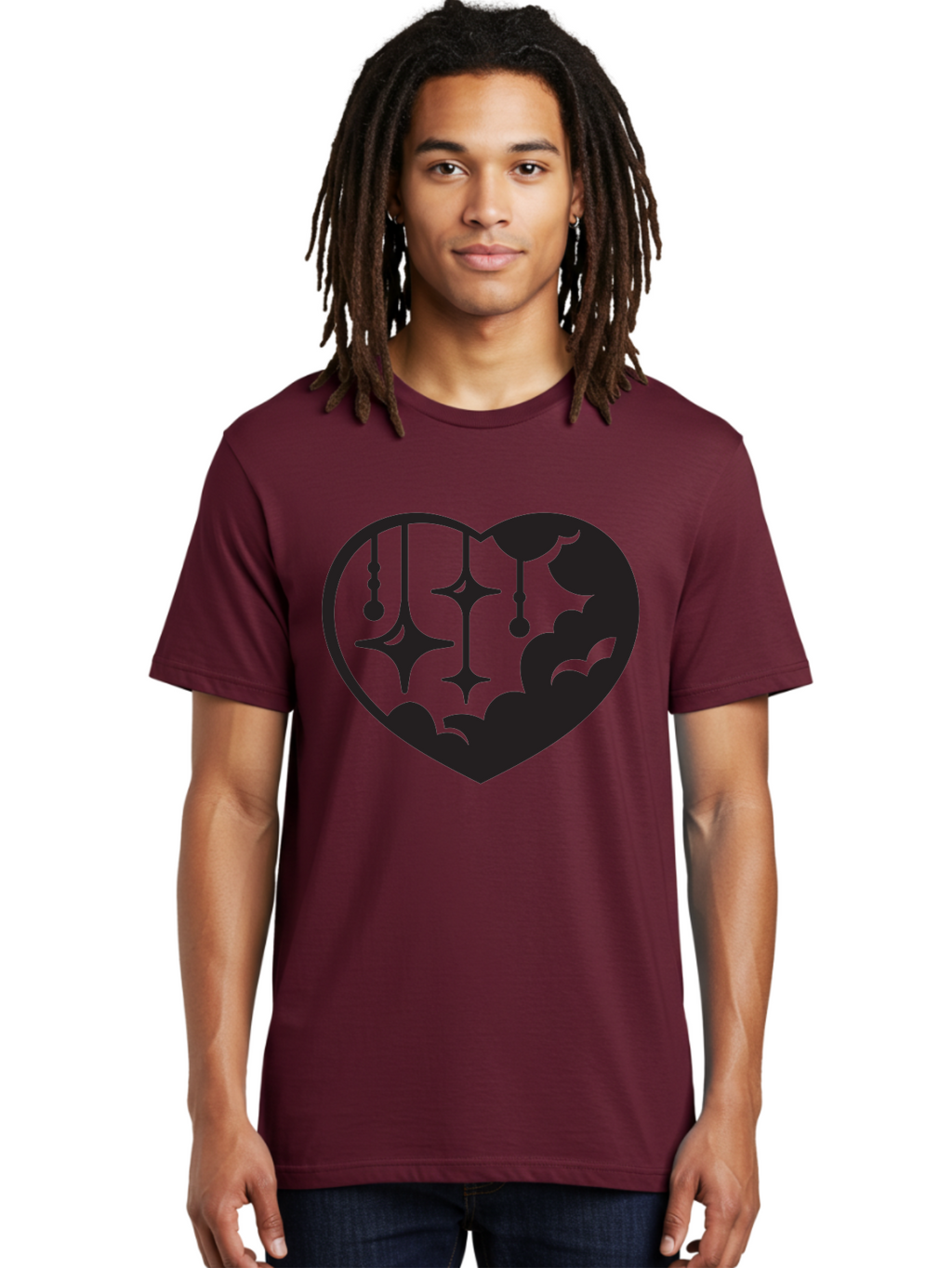 Heart-With-Clouds-And-Stars Men'S Graphic Tee, 100% Cotton, Comfortable Casual Summer Wear, Machine Washable, Heart Shape, Clouds, Stars, Celestial Design, Mystical Patterns, Whimsical Art, Dreamy Silhouettes, Abstract Shapes, Symbolic Heart Aab280