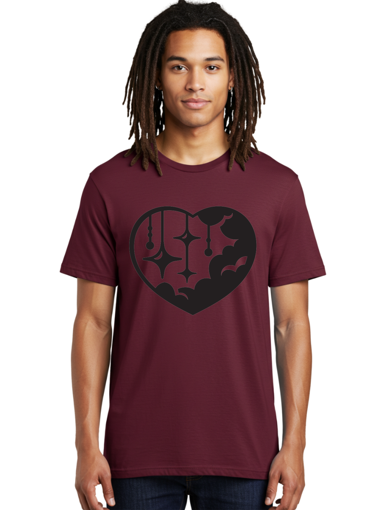 Heart-With-Clouds-And-Stars Men'S Graphic Tee, 100% Cotton, Comfortable Casual Summer Wear, Machine Washable, Heart Shape, Clouds, Stars, Celestial Design, Mystical Patterns, Whimsical Art, Dreamy Silhouettes, Abstract Shapes, Symbolic Heart Aab280