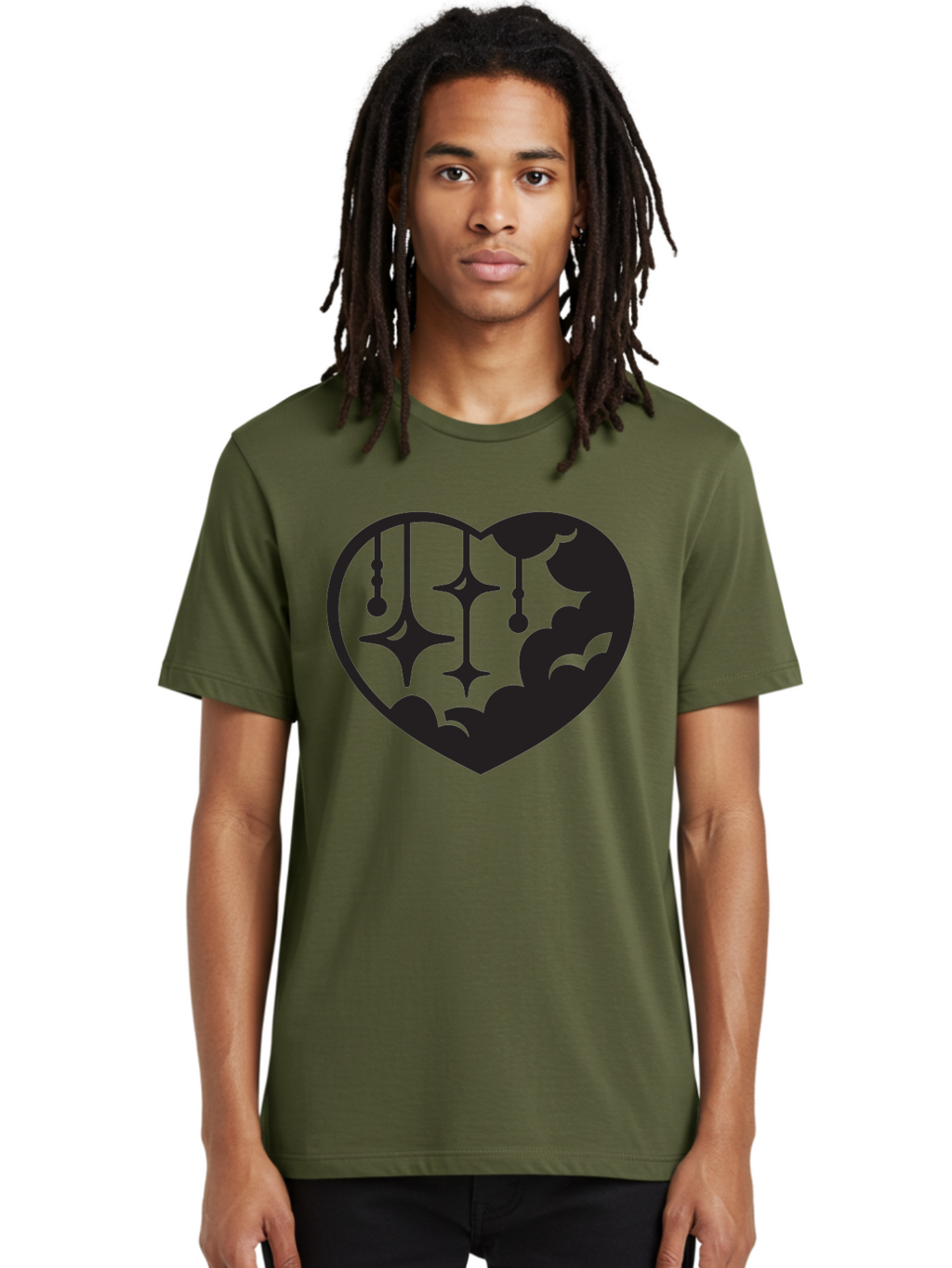Heart-With-Clouds-And-Stars Men'S Graphic Tee, 100% Cotton, Comfortable Casual Summer Wear, Machine Washable, Heart Shape, Clouds, Stars, Celestial Design, Mystical Patterns, Whimsical Art, Dreamy Silhouettes, Abstract Shapes, Symbolic Heart Aab280